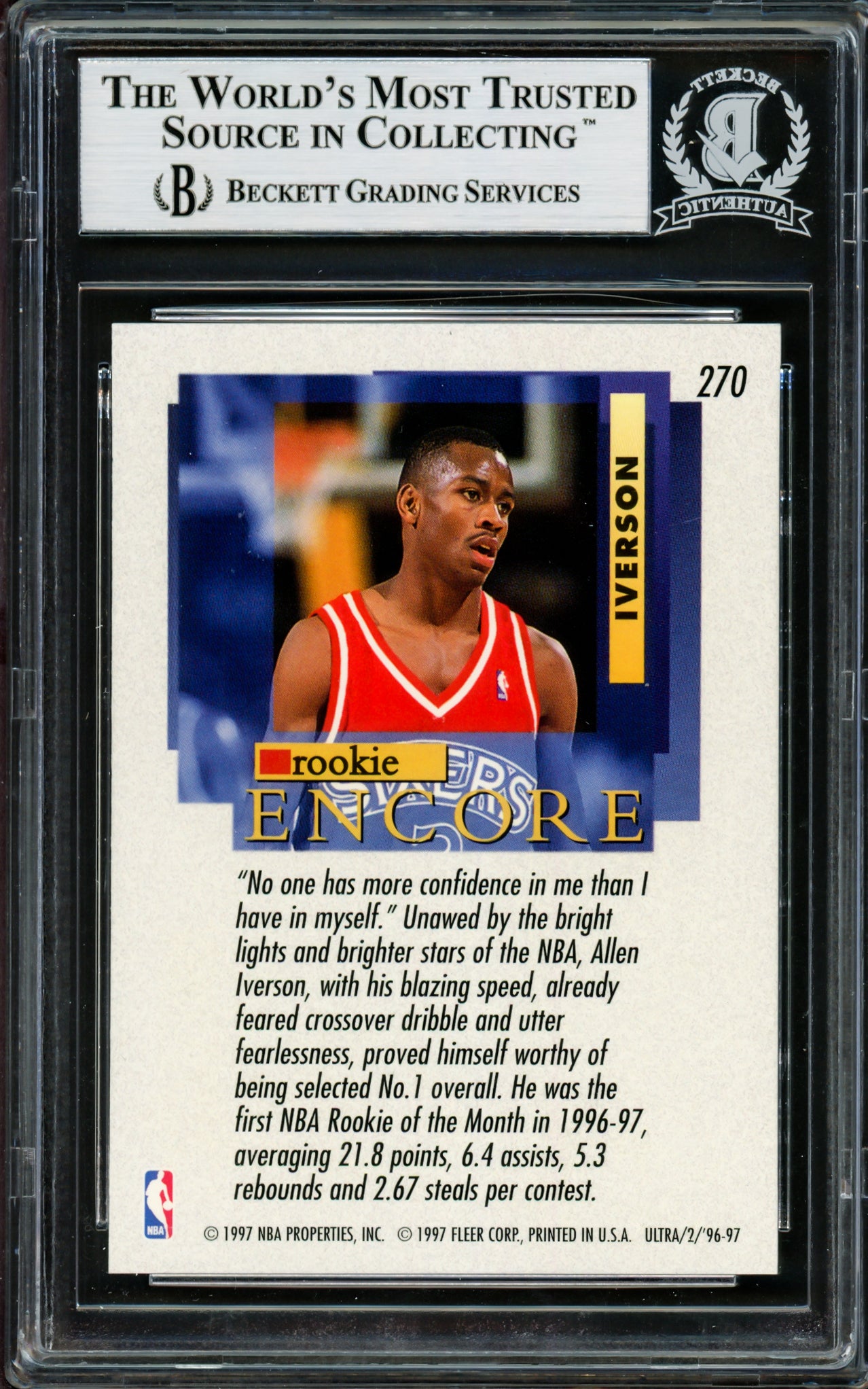 Allen Iverson Autographed 1996-97 Fleer Ultra Rookie Card #270 Philadelphia 76ers Beckett BAS #14133871
