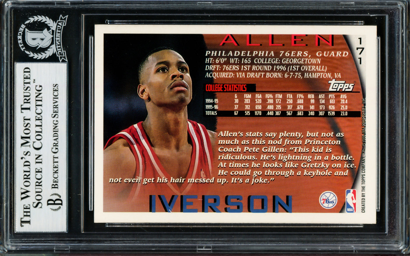 Allen Iverson Autographed 1996-97 Topps Starting Lineup Rookie Card #171 Philadelphia 76ers Beckett BAS #14133883