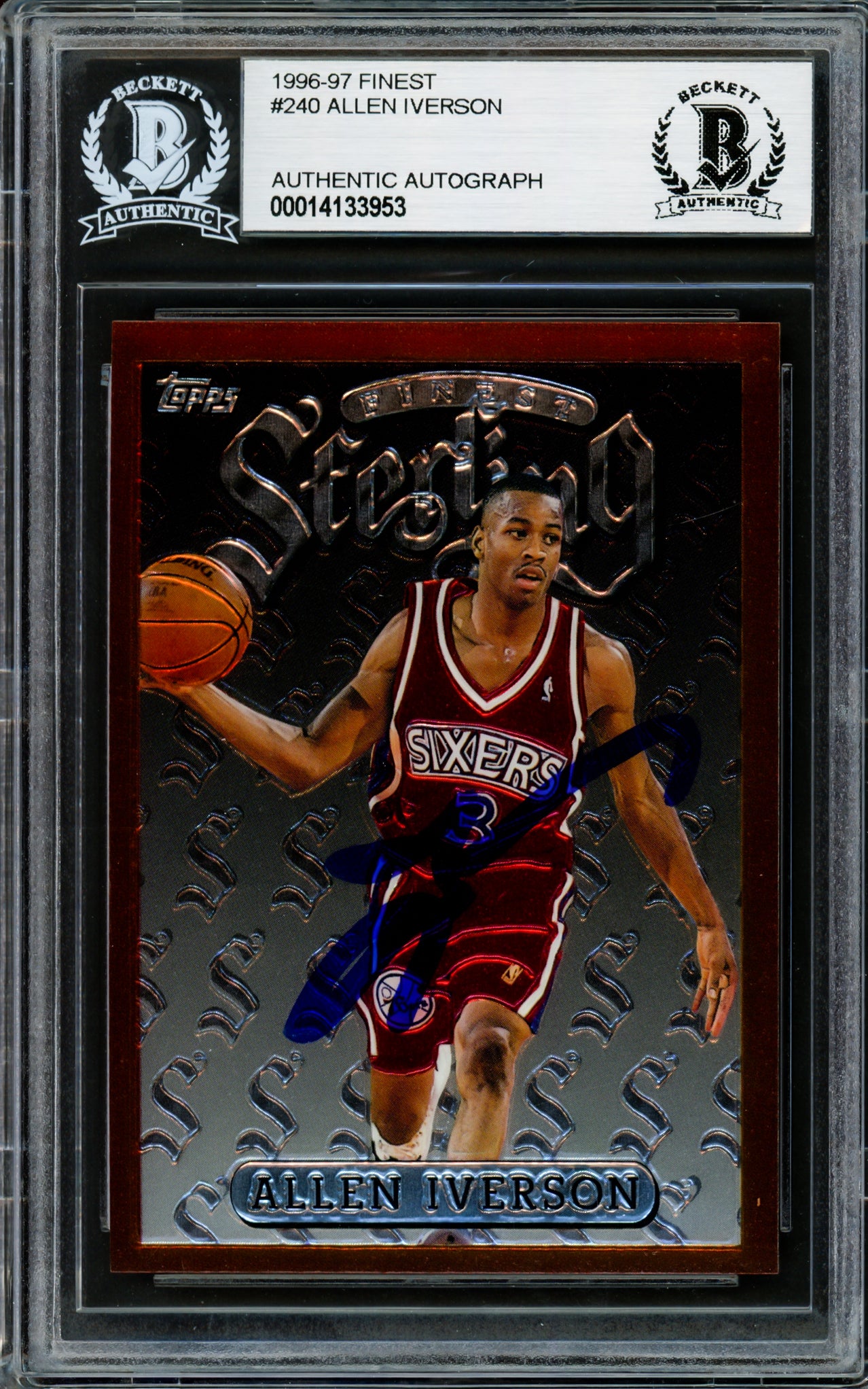 Allen Iverson Autographed 1996-97 Topps Finest Sterling Rookie Card #240 Philadelphia 76ers Beckett BAS #14133953