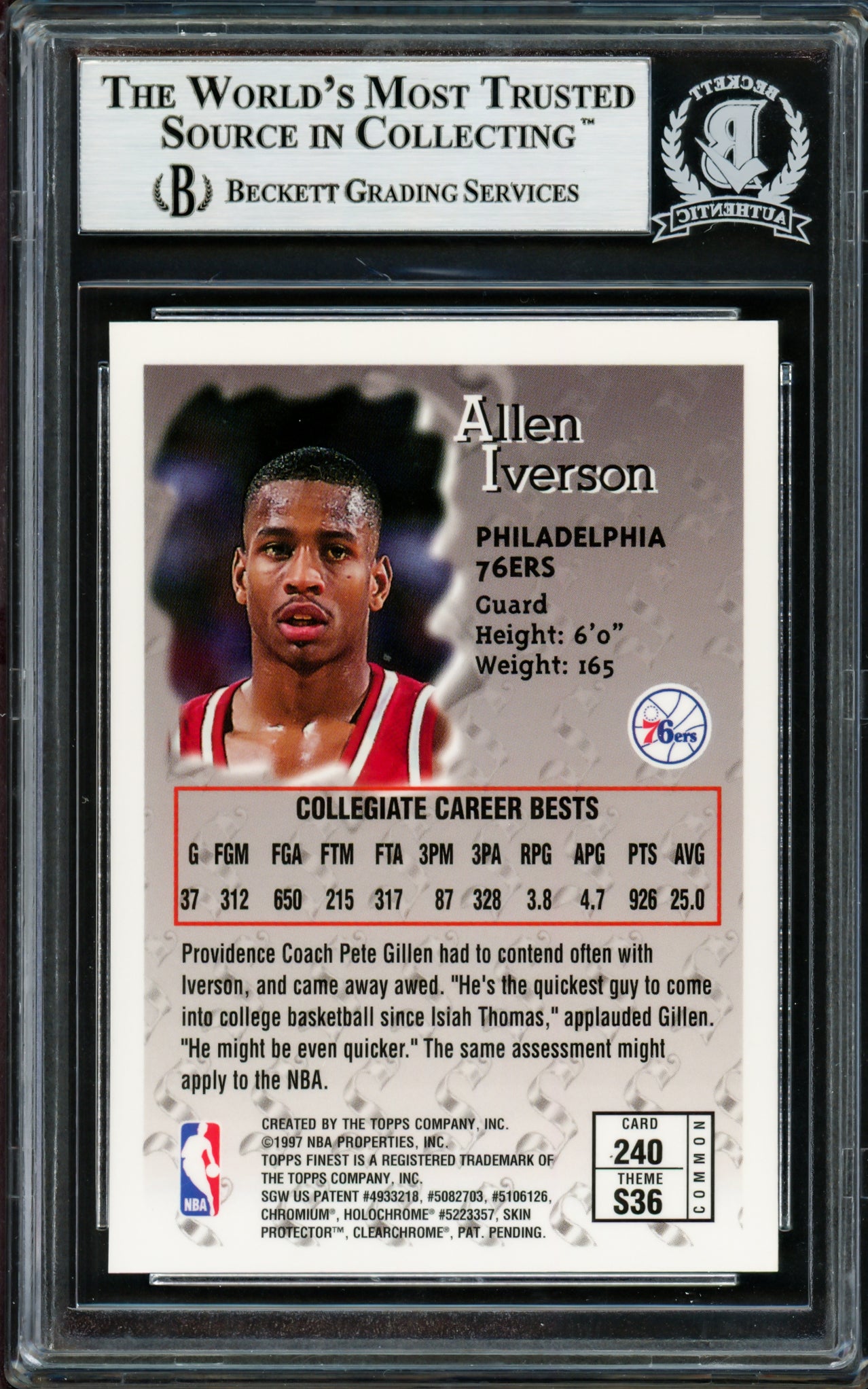 Allen Iverson Autographed 1996-97 Topps Finest Sterling Rookie Card #240 Philadelphia 76ers Beckett BAS #14133953