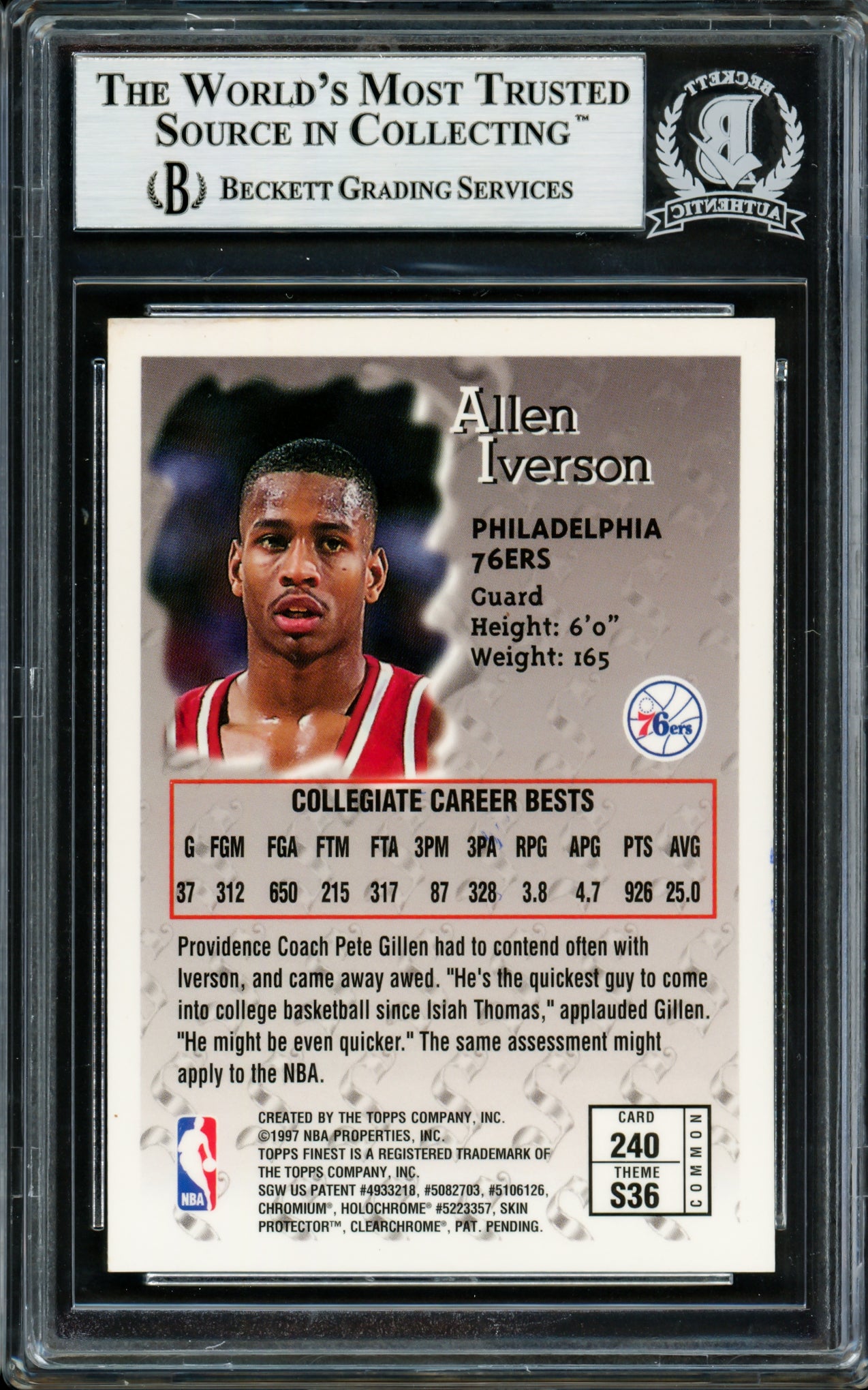 Allen Iverson Autographed 1996-97 Topps Finest Sterling Rookie Card #240 Philadelphia 76ers Beckett BAS #14133954