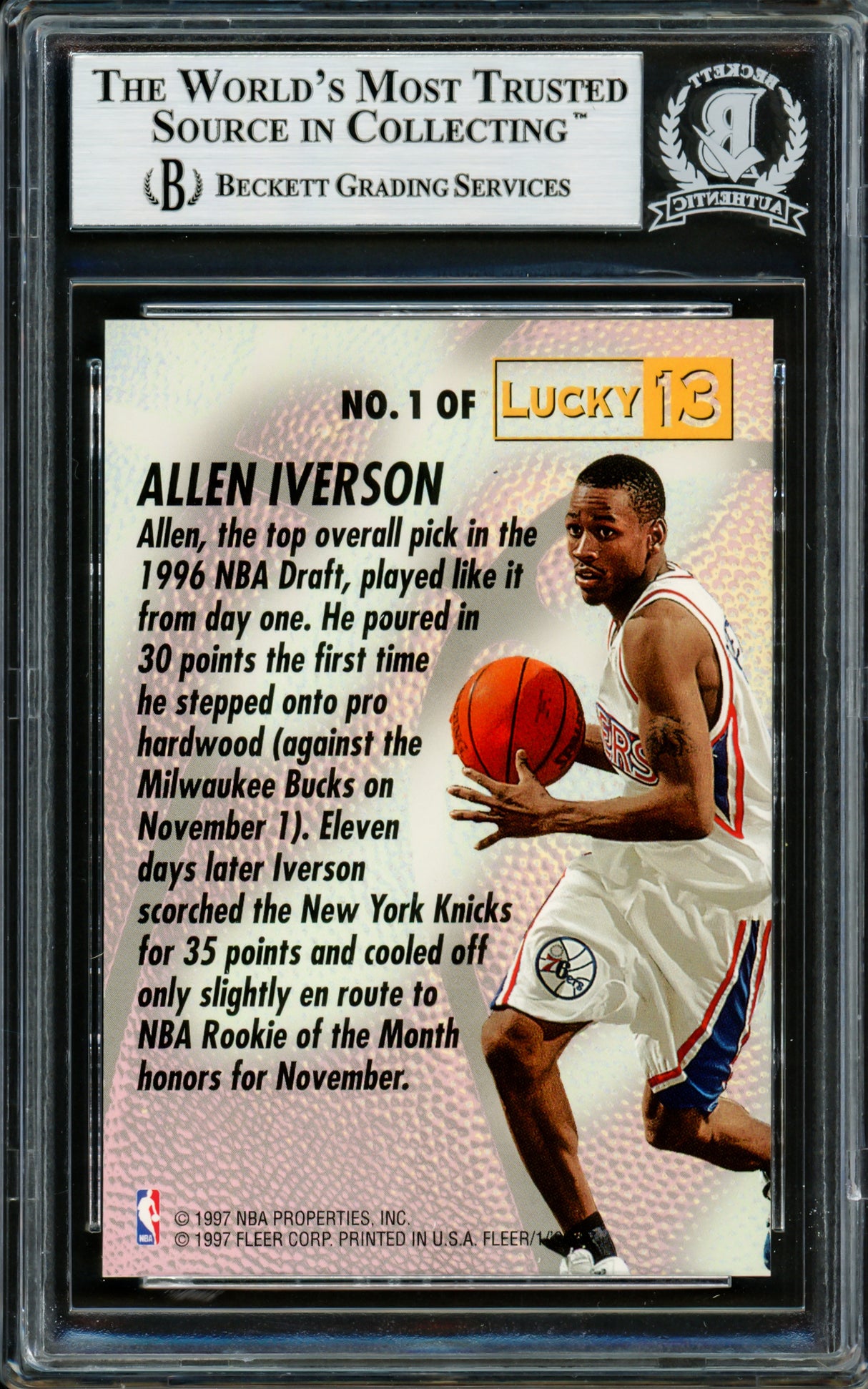 Allen Iverson Autographed 1996-97 Fleer Lucky 13 Rookie Card #1 Philadelphia 76ers Beckett BAS #14134119