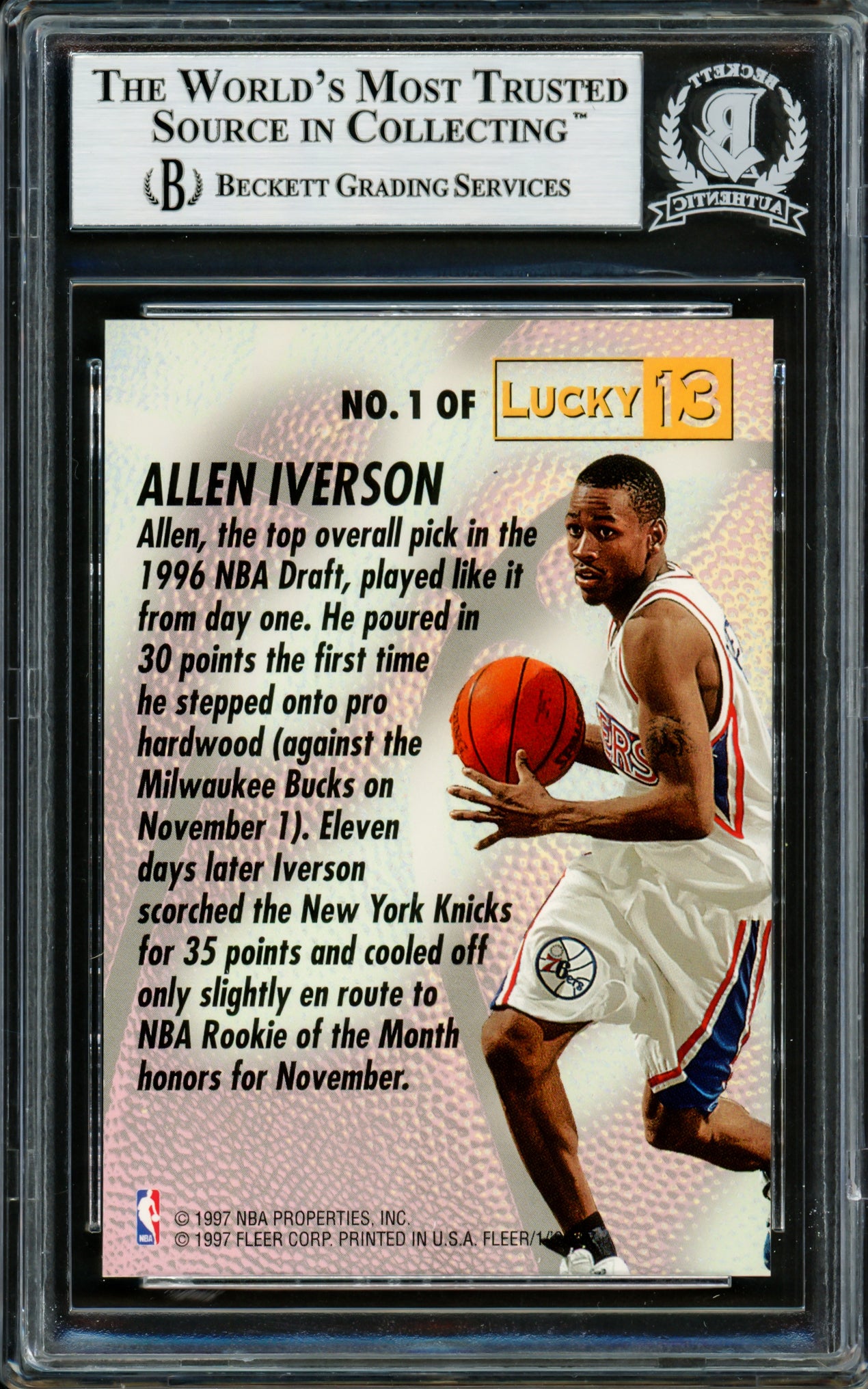 Allen Iverson Autographed 1996-97 Fleer Lucky 13 Rookie Card #1 Philadelphia 76ers Beckett BAS #14134119