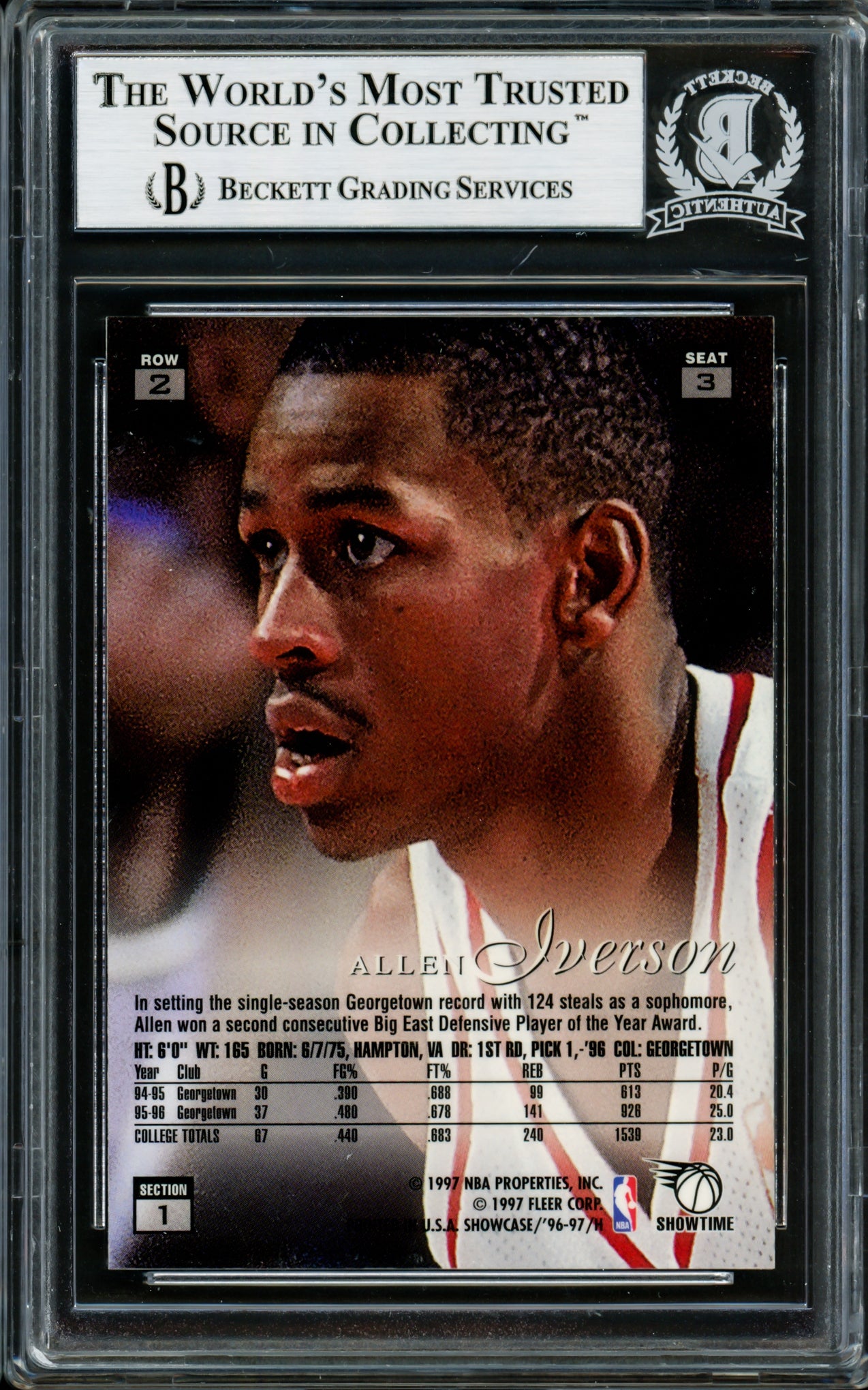 Allen Iverson Autographed 1996-97 Flair Showcase Row 2 Rookie Card #3 Philadelphia 76ers Beckett BAS #14134141