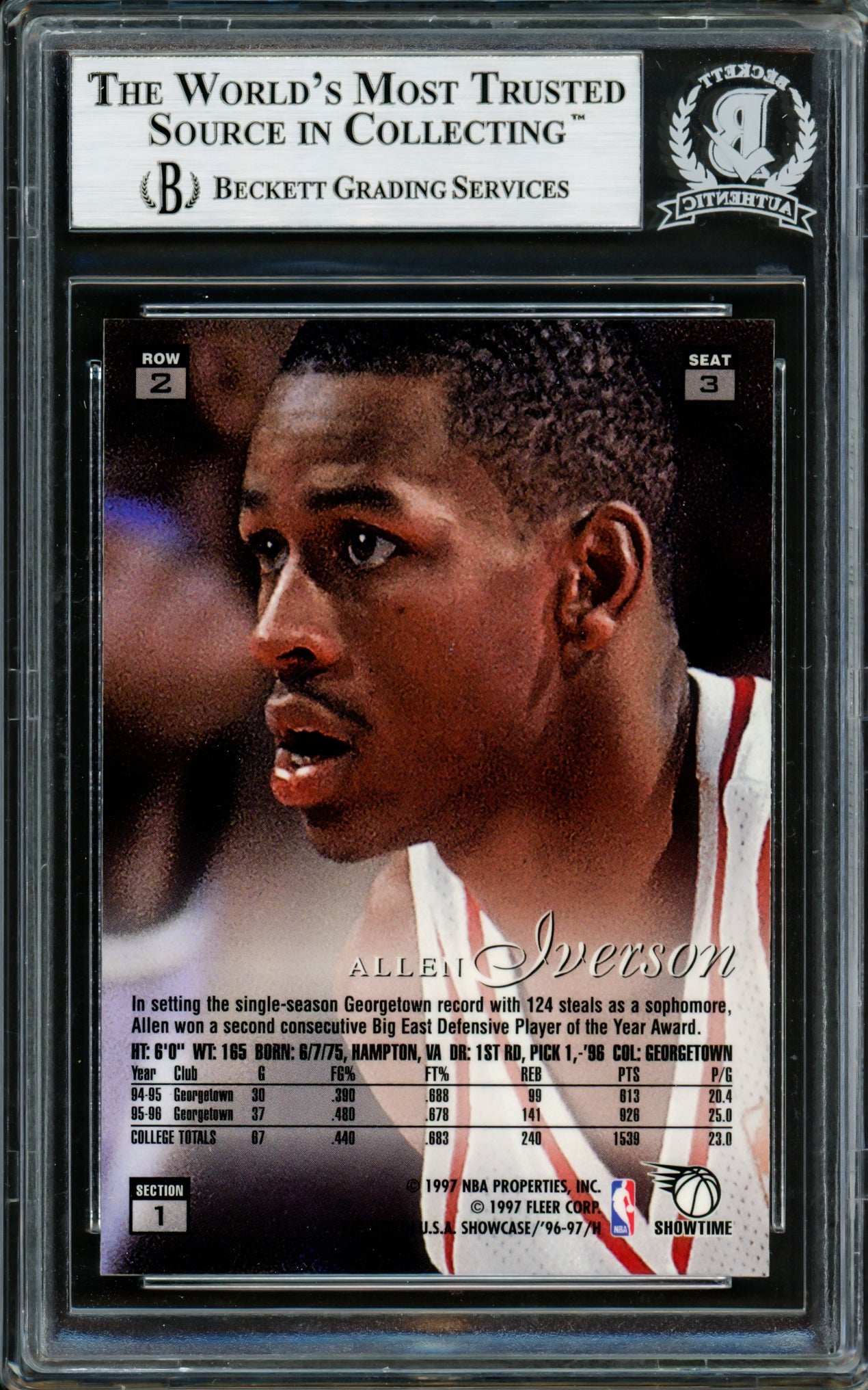 Allen Iverson Autographed 1996-97 Flair Showcase Row 2 Rookie Card #3 Philadelphia 76ers Beckett BAS #14134139