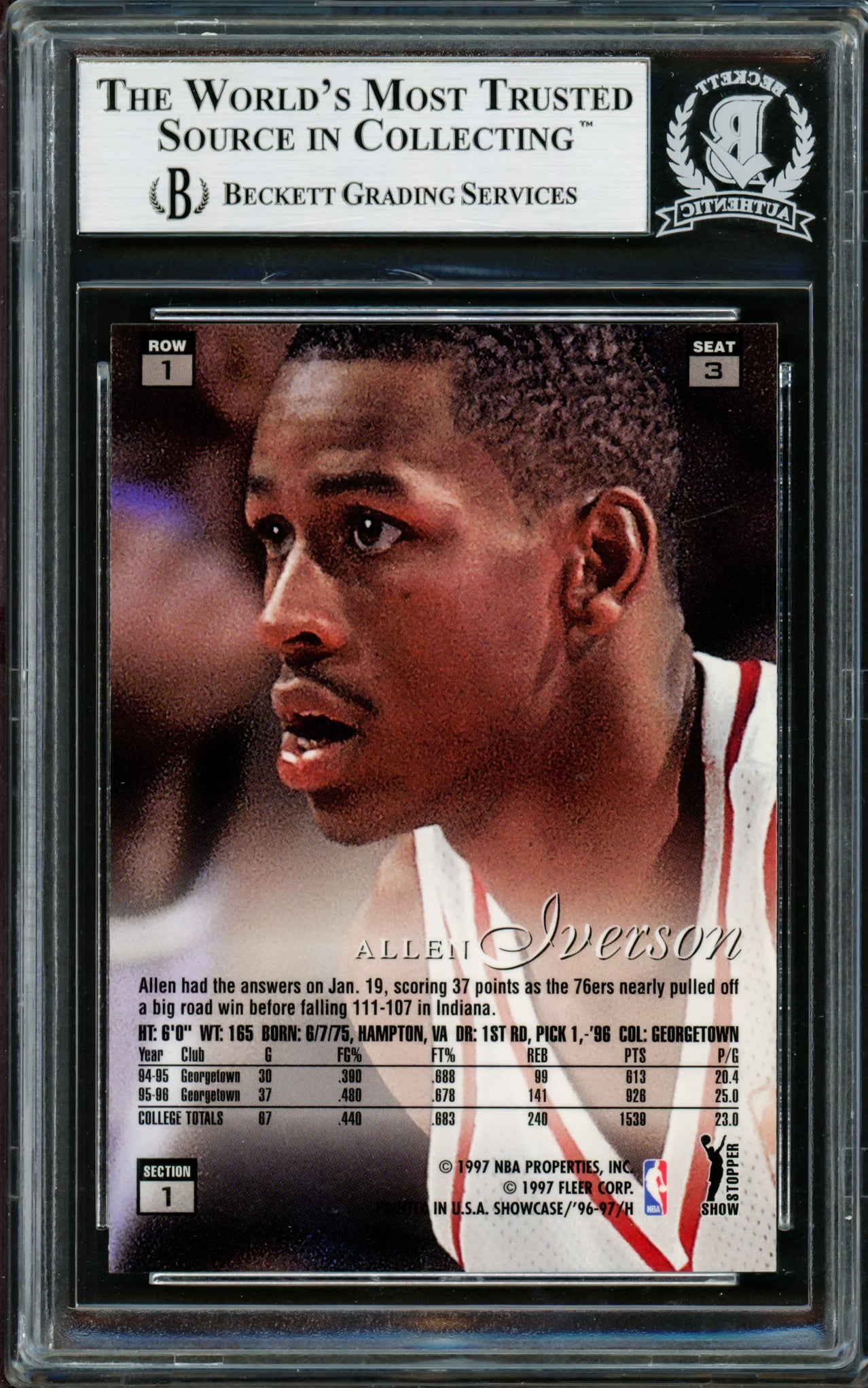 Allen Iverson Autographed 1996-97 Flair Showcase Row 1 Rookie Card #3 Philadelphia 76ers Beckett BAS #14134142