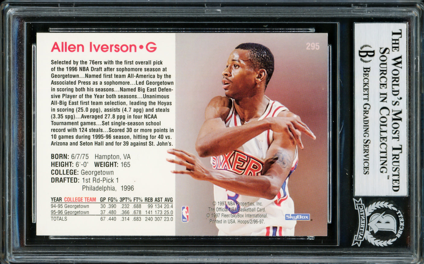 Allen Iverson Autographed 1996-97 Hoops Rookie Card #295 Philadelphia 76ers Beckett BAS #14134143