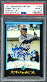 Ichiro Suzuki Autographed 2001 Bowman Chrome Refractor Rookie Card #351 Seattle Mariners PSA 9 Auto Grade Gem Mint 10 "01 ROY/MVP" PSA/DNA #63680003