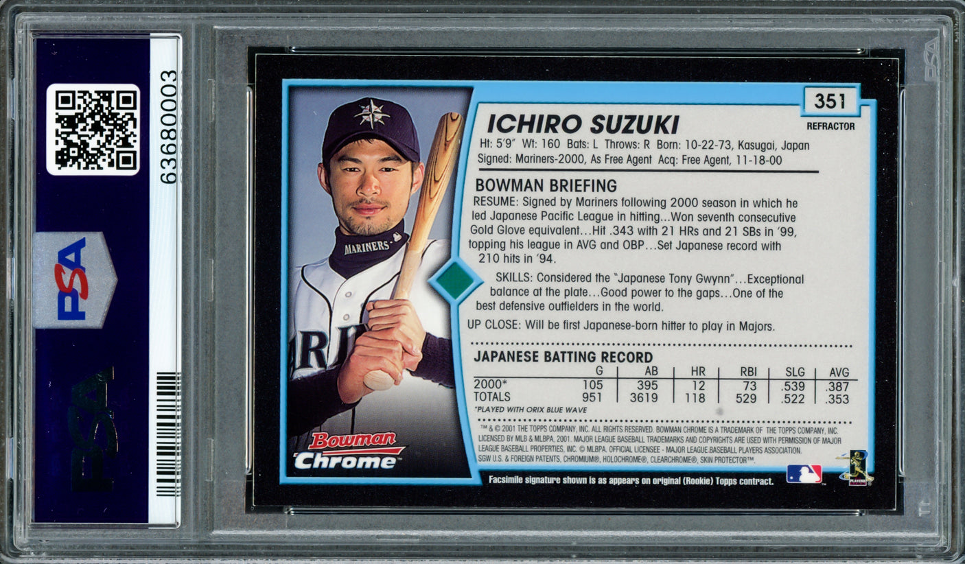 Ichiro Suzuki Autographed 2001 Bowman Chrome Refractor Rookie Card #351 Seattle Mariners PSA 9 Auto Grade Gem Mint 10 "01 ROY/MVP" PSA/DNA #63680003