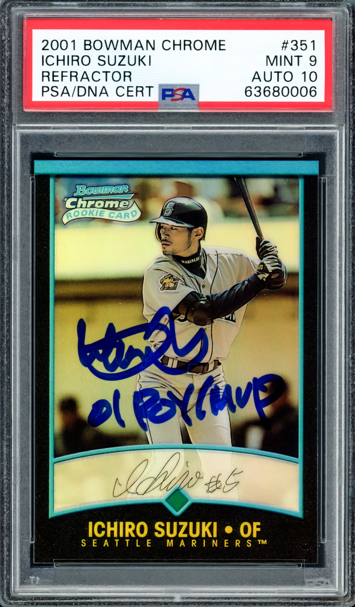 Ichiro Suzuki Autographed 2001 Bowman Chrome Refractor Rookie Card #351 Seattle Mariners PSA 9 Auto Grade Gem Mint 10 "01 ROY/MVP" PSA/DNA #63680006