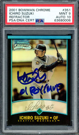 Ichiro Suzuki Autographed 2001 Bowman Chrome Refractor Rookie Card #351 Seattle Mariners PSA 9 Auto Grade Gem Mint 10 "01 ROY/MVP" PSA/DNA #63680006