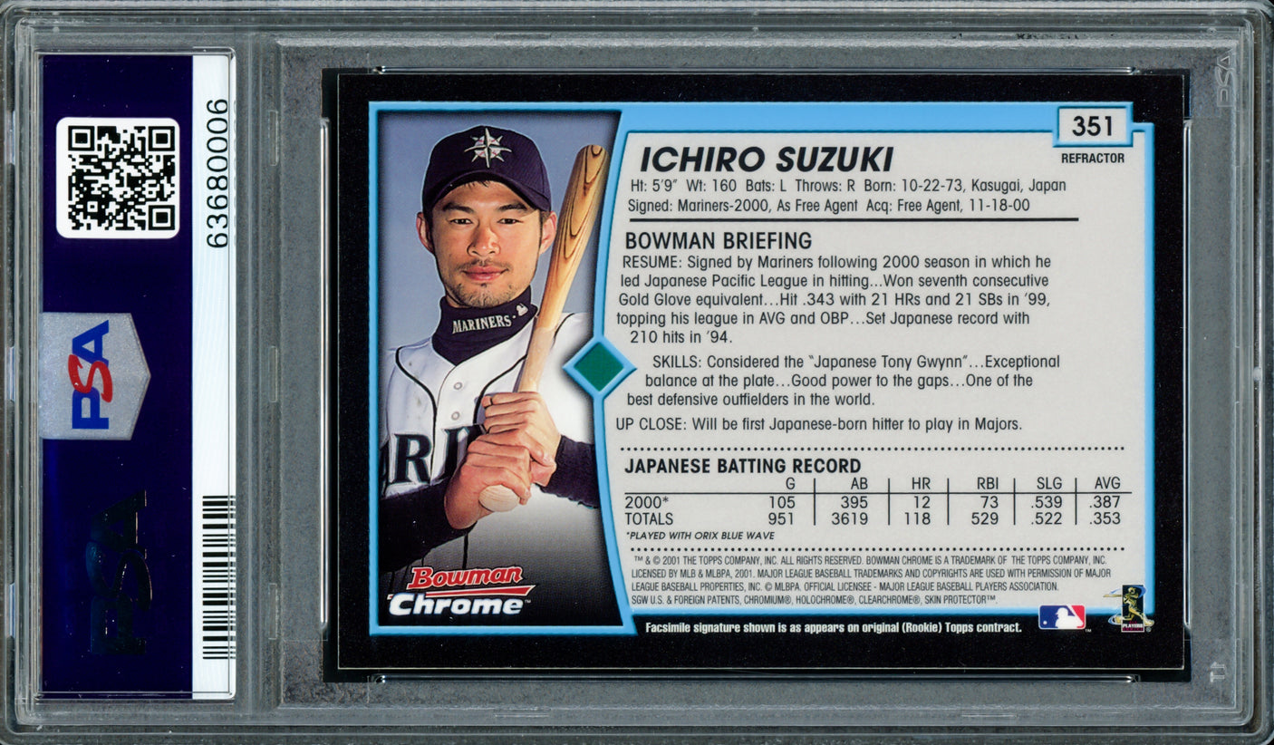 Ichiro Suzuki Autographed 2001 Bowman Chrome Refractor Rookie Card #351 Seattle Mariners PSA 9 Auto Grade Gem Mint 10 "01 ROY/MVP" PSA/DNA #63680006