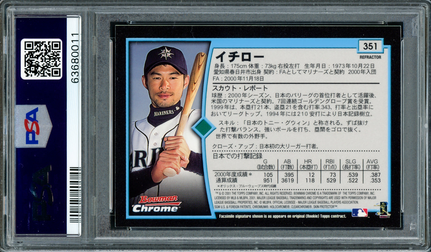 Ichiro Suzuki Autographed 2001 Bowman Chrome Refractor Japanese Rookie Card #351 Seattle Mariners PSA 9 Auto Grade Gem Mint 10 "01 ROY/MVP" PSA/DNA #63680011