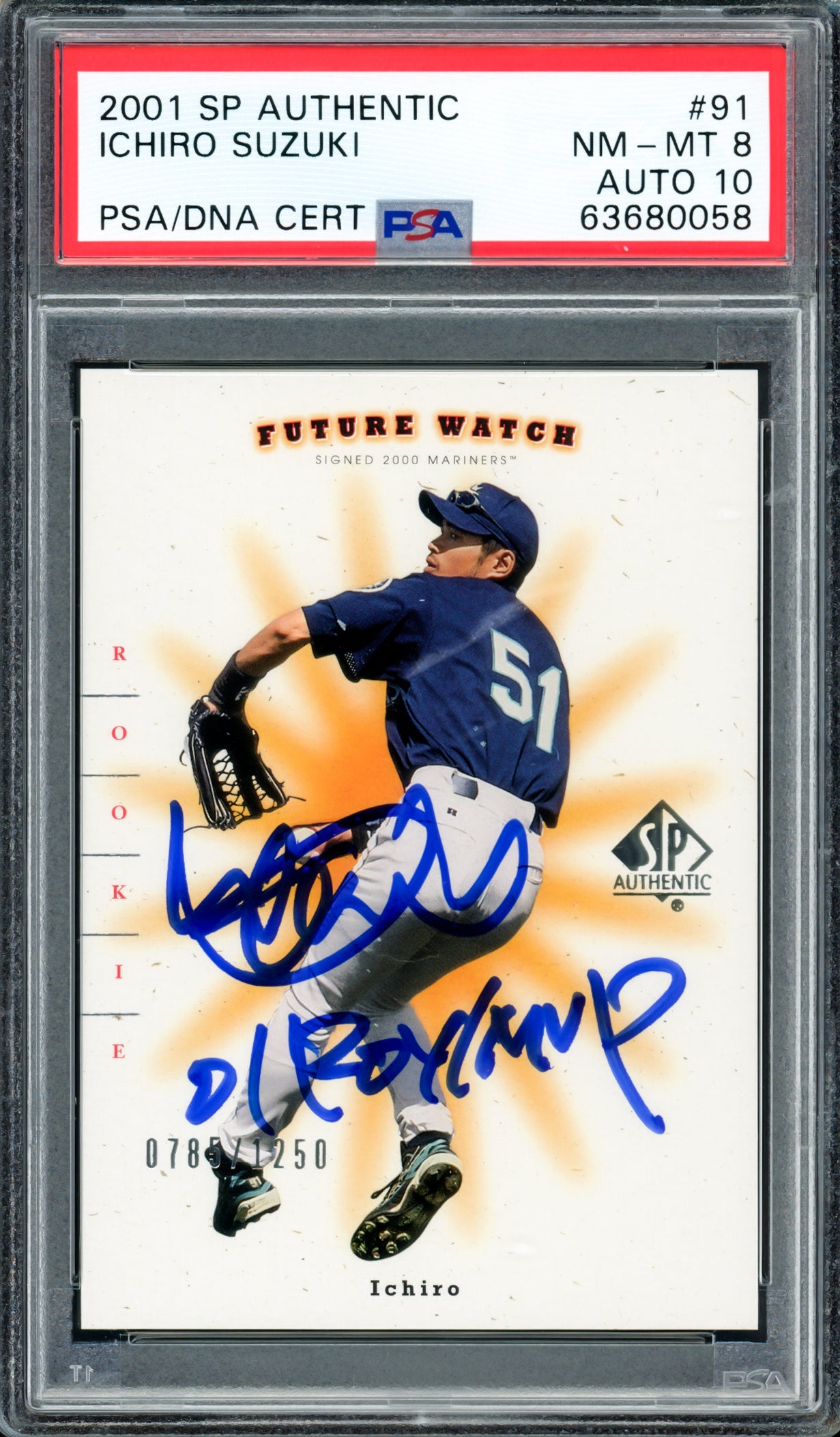 Ichiro Suzuki Autographed 2001 SP Authentic Rookie Card #91 Seattle Mariners PSA 8 Auto Grade Gem Mint 10 "01 ROY/MVP" #785/1250 PSA/DNA #63680058