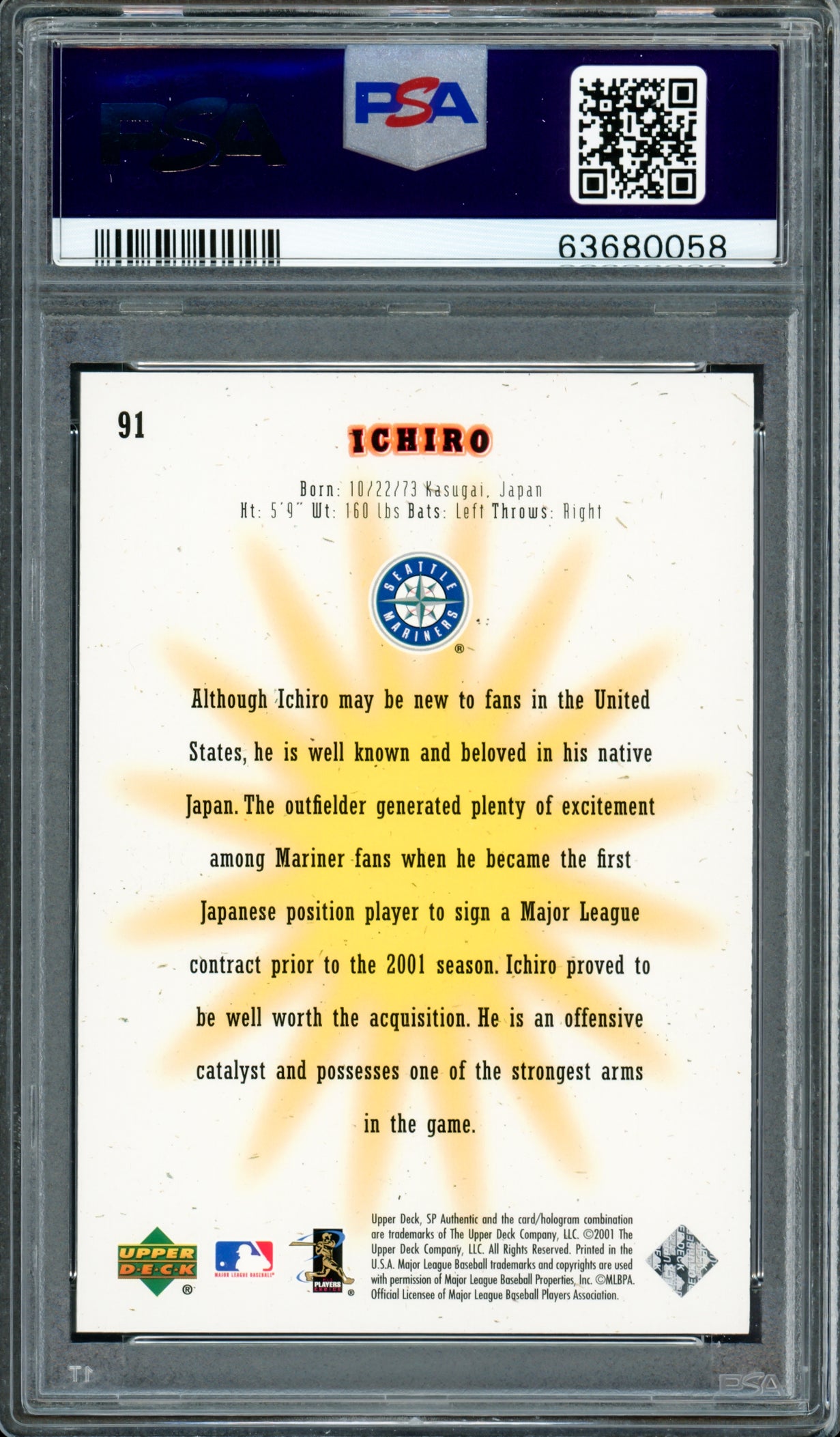 Ichiro Suzuki Autographed 2001 SP Authentic Rookie Card #91 Seattle Mariners PSA 8 Auto Grade Gem Mint 10 "01 ROY/MVP" #785/1250 PSA/DNA #63680058