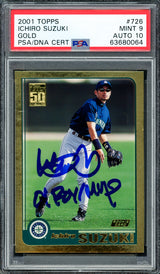 Ichiro Suzuki Autographed 2001 Topps Gold Rookie Card #726 Seattle Mariners PSA 9 Auto Grade Gem Mint 10 "01 ROY/MVP" Highest Graded PSA/DNA #63680064