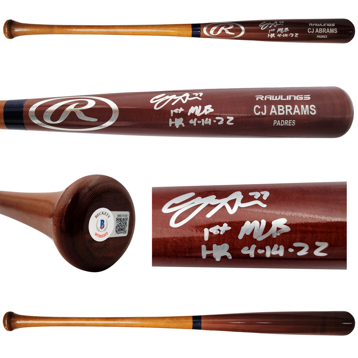 CJ Abrams Autographed Brown Rawlings Game Model Bat San Diego Padres "1st MLB HR 4-14-22" Beckett BAS QR Stock #203558
