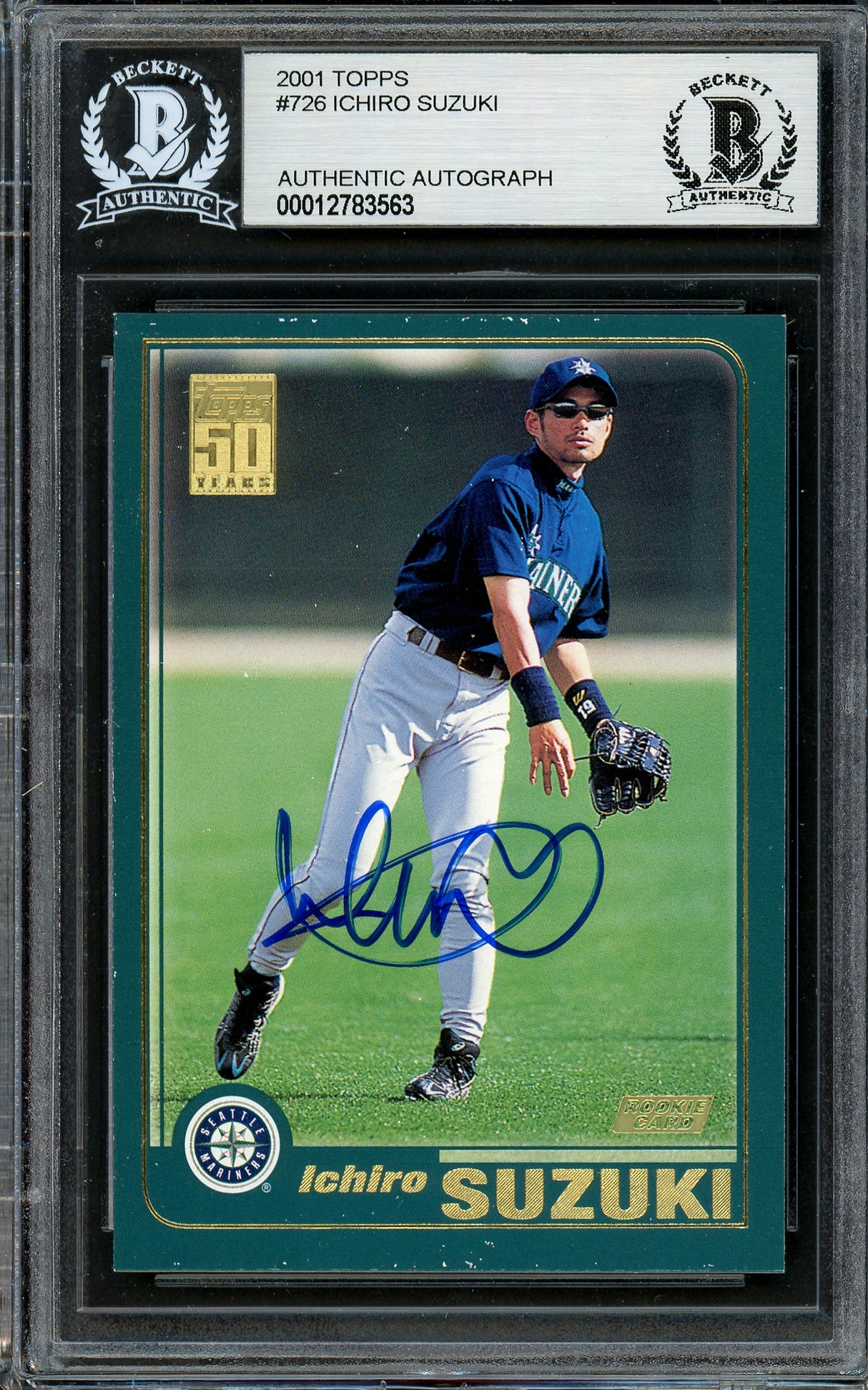 Ichiro Suzuki Autographed 2001 Topps Rookie Card #726 Seattle Mariners (Damaged) Beckett BAS #12783563
