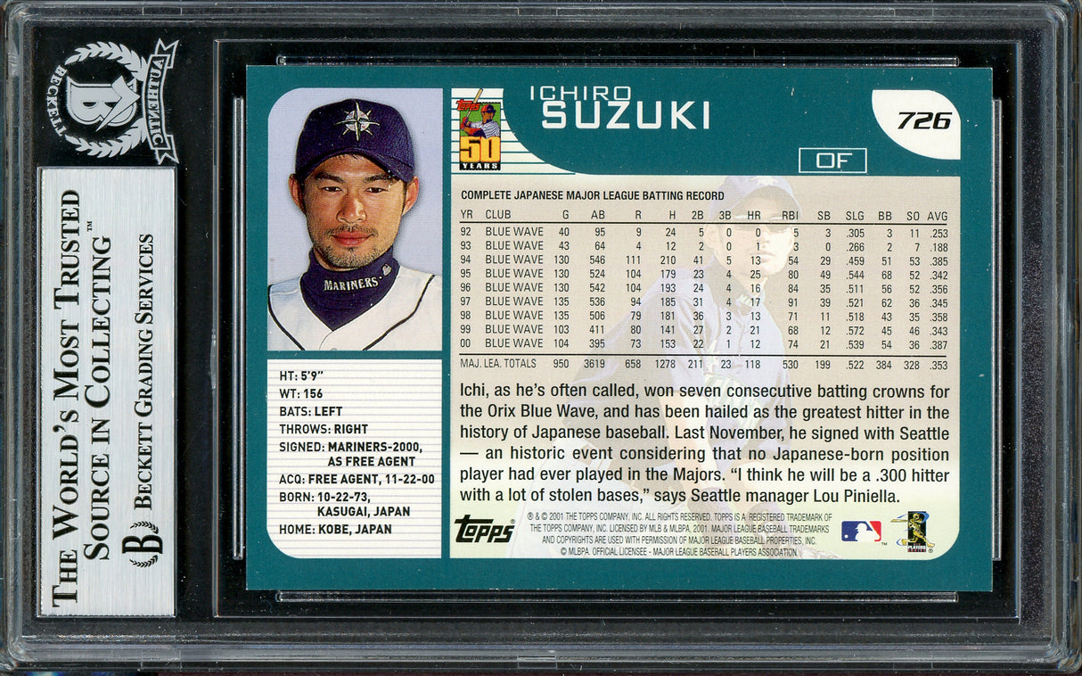 Ichiro Suzuki Autographed 2001 Topps Rookie Card #726 Seattle Mariners (Damaged) Beckett BAS #12783563