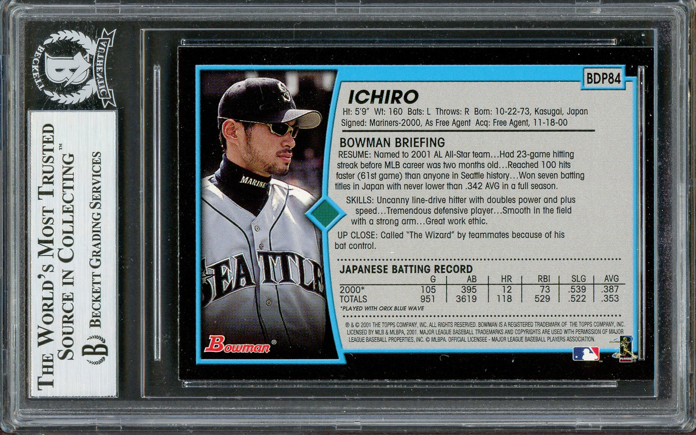 Ichiro Suzuki Autographed 2001 Bowman Draft Picks Rookie Card #BDP84 Seattle Mariners Beckett BAS #12783659