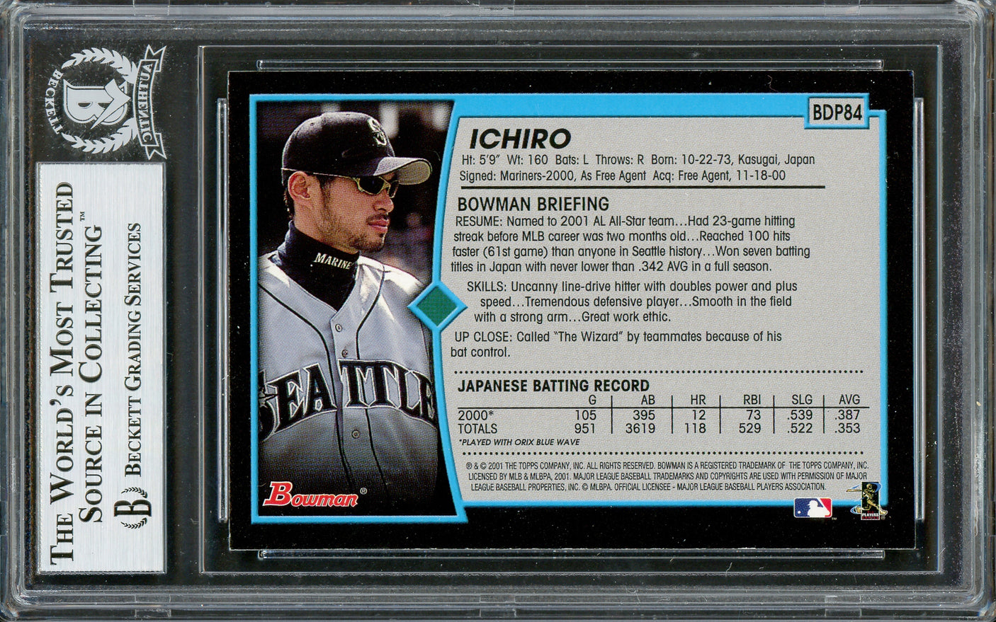 Ichiro Suzuki Autographed 2001 Bowman Draft Picks Rookie Card #BDP84 Seattle Mariners Beckett BAS #12783683