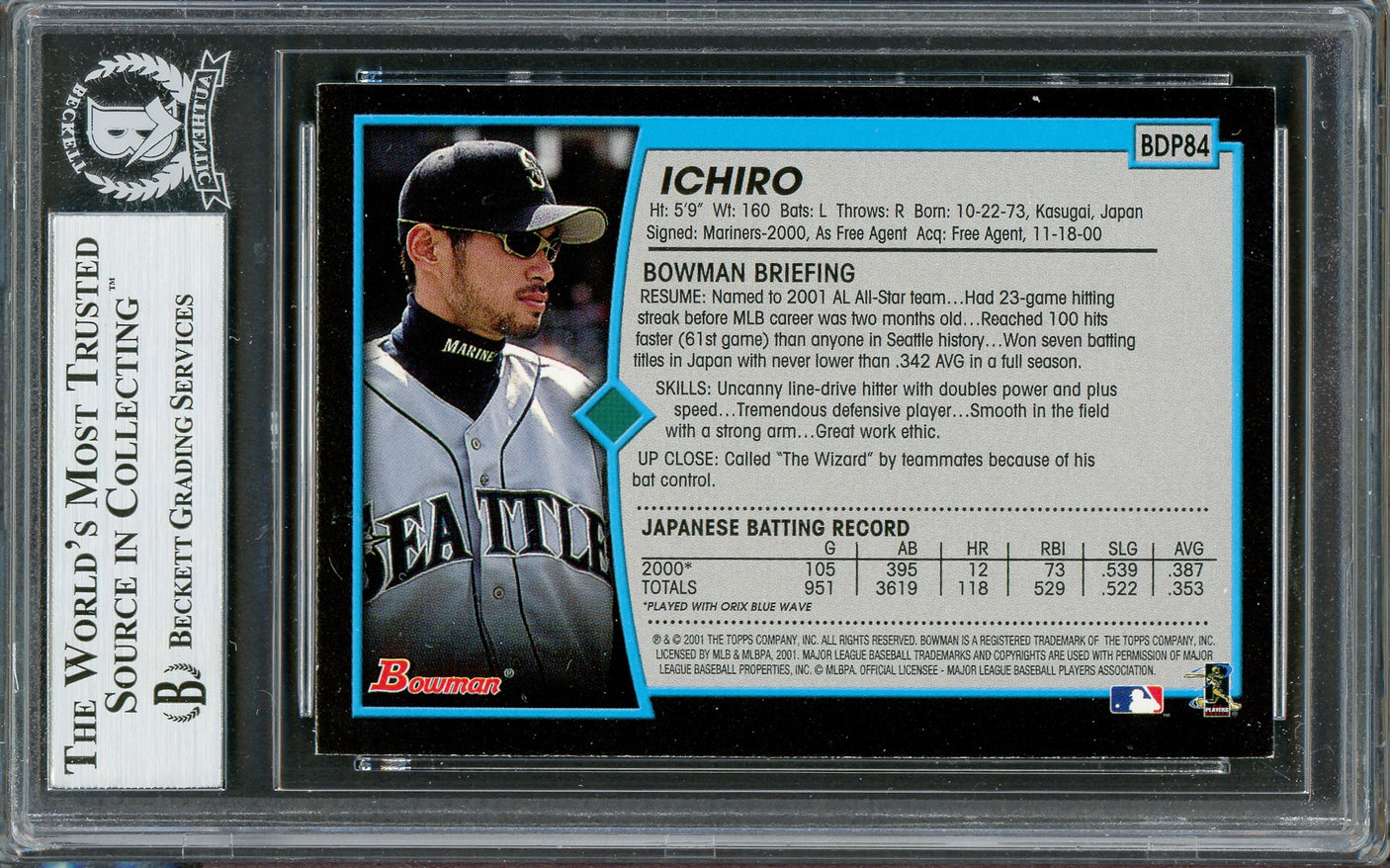 Ichiro Suzuki Autographed 2001 Bowman Draft Picks Rookie Card #BDP84 Seattle Mariners Beckett BAS #12783675