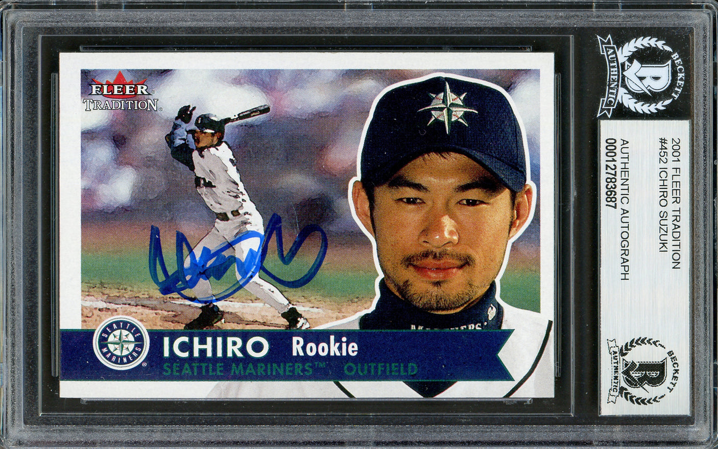 Ichiro Suzuki Autographed 2001 Fleer Tradition Rookie Card #452 Seattle Mariners Beckett BAS #12783687