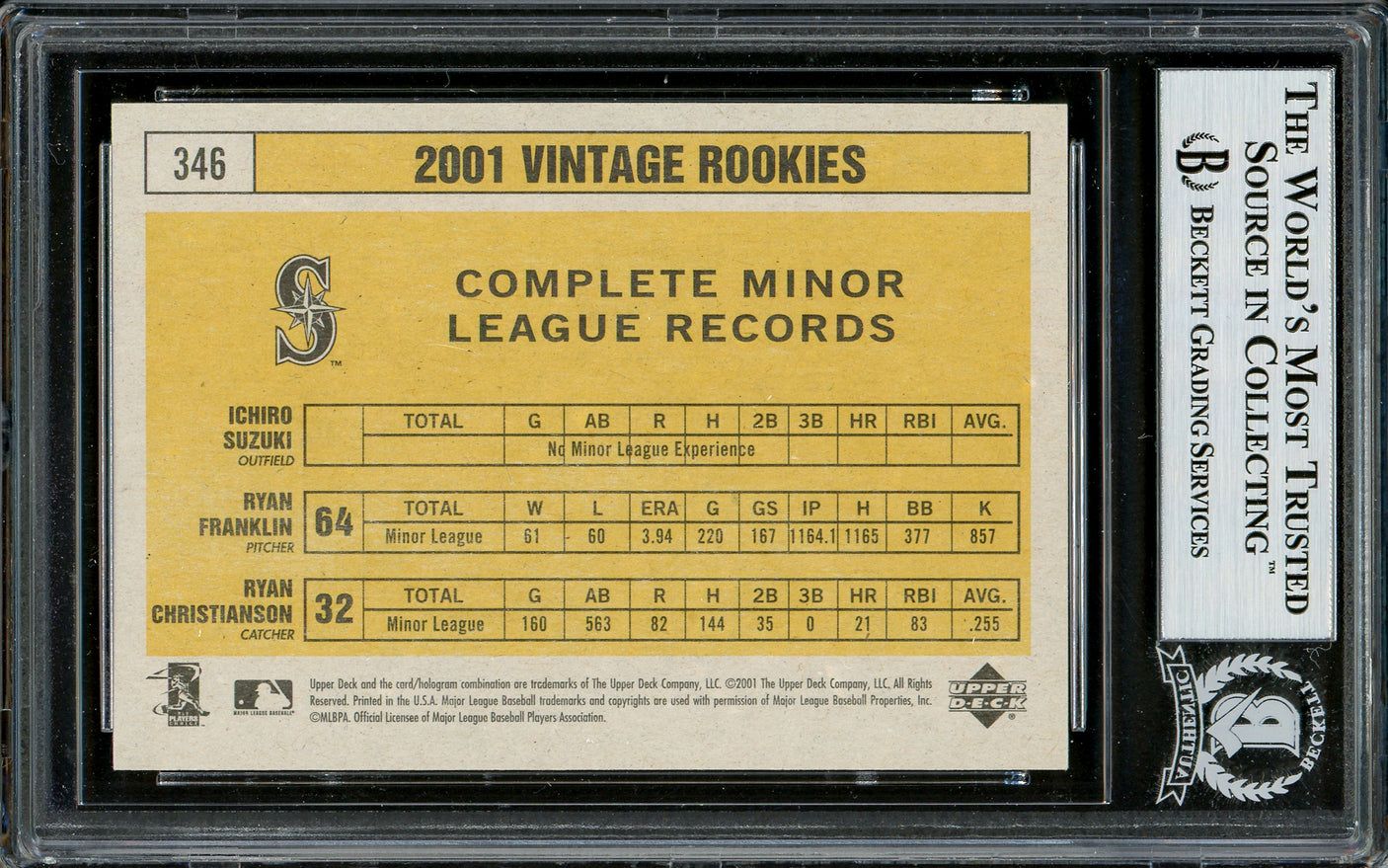 Ichiro Suzuki Autographed 2001 Upper Deck Vintage Rookie Card #346 Seattle Mariners Beckett BAS #12783719