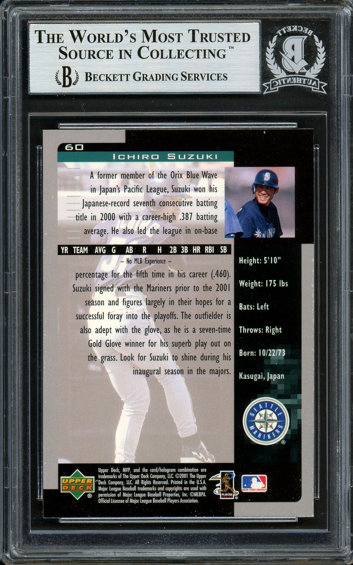 Ichiro Suzuki Autographed 2001 Upper Deck MVP Rookie Card #60 Seattle Mariners (Light) Beckett BAS #12783765