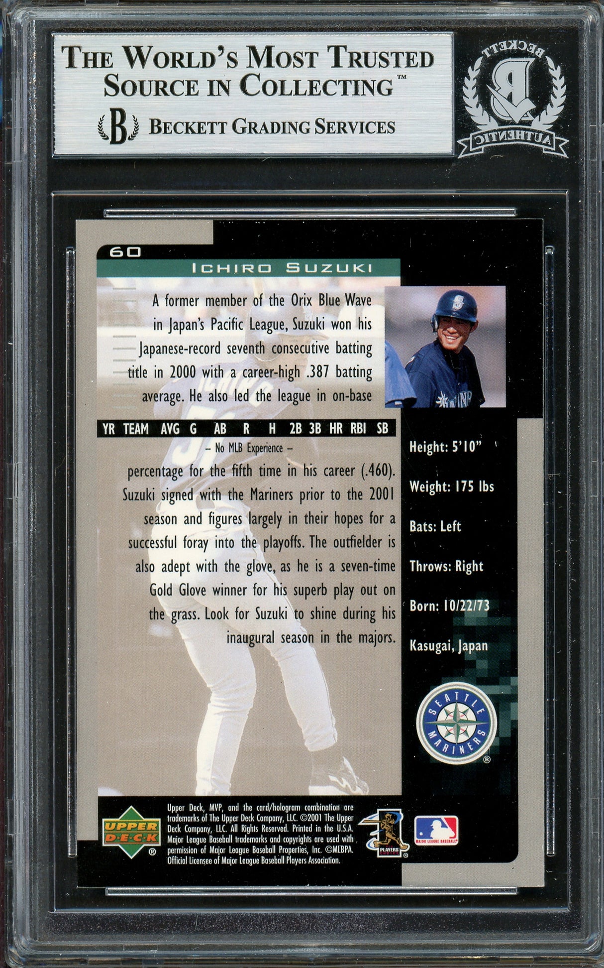 Ichiro Suzuki Autographed 2001 Upper Deck MVP Rookie Card #60 Seattle Mariners (Light) Beckett BAS #12783768
