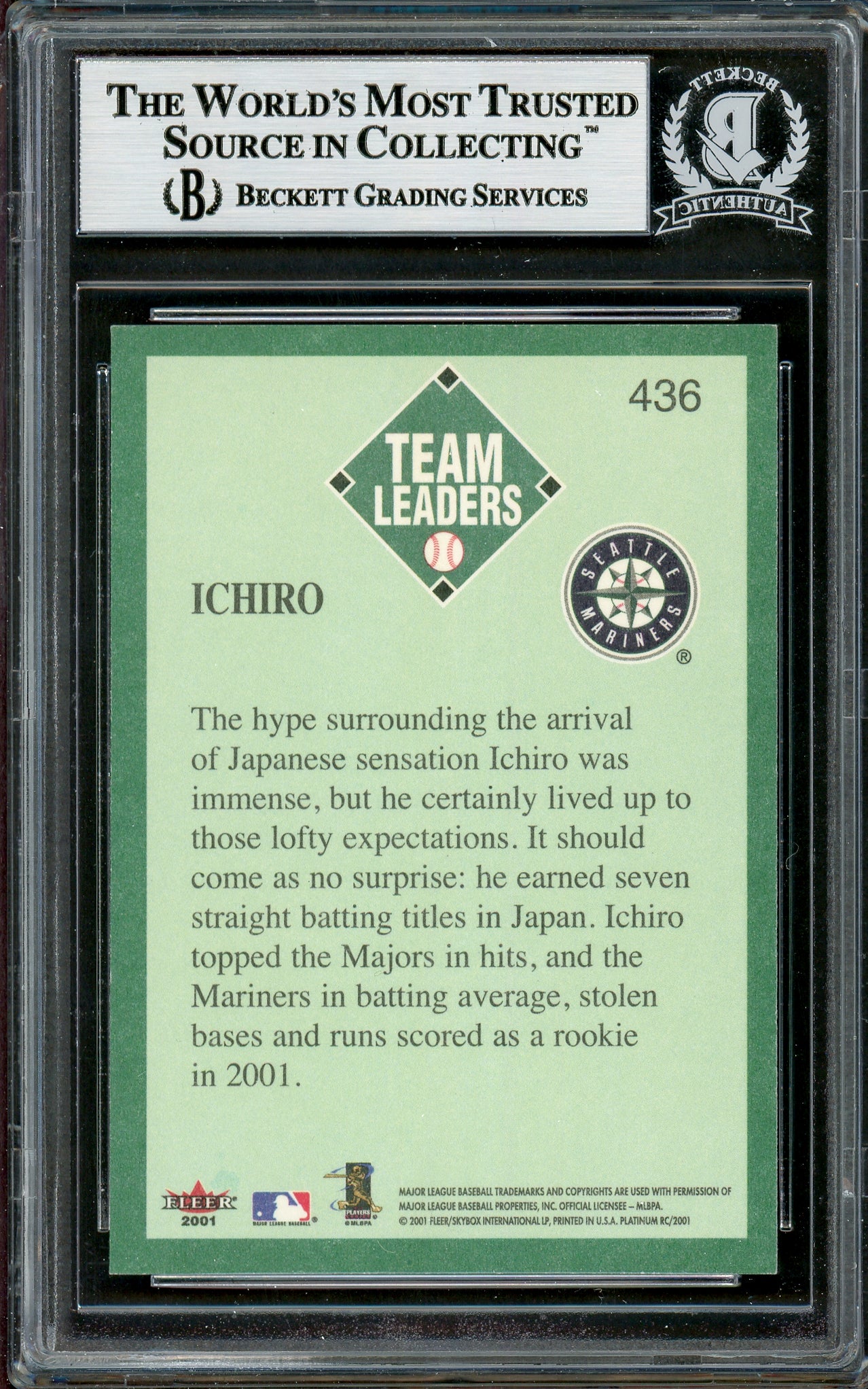 Ichiro Suzuki Autographed 2001 Fleer Platinum Rookie Card #436 Seattle Mariners Beckett BAS #12785147