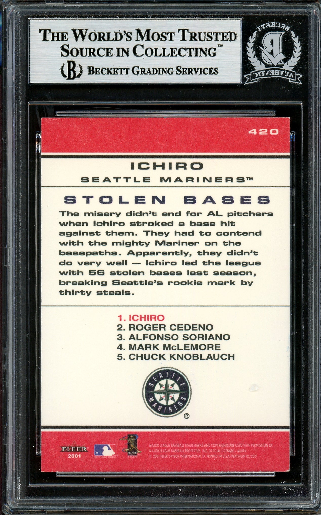 Ichiro Suzuki Autographed 2001 Fleer Platinum Rookie Card #420 Seattle Mariners Beckett BAS #12785159