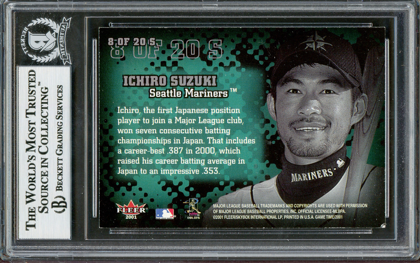 Ichiro Suzuki Autographed 2001 Fleer Game Time Sticktoitness Rookie Card #8 Seattle Mariners Beckett BAS Stock #194177