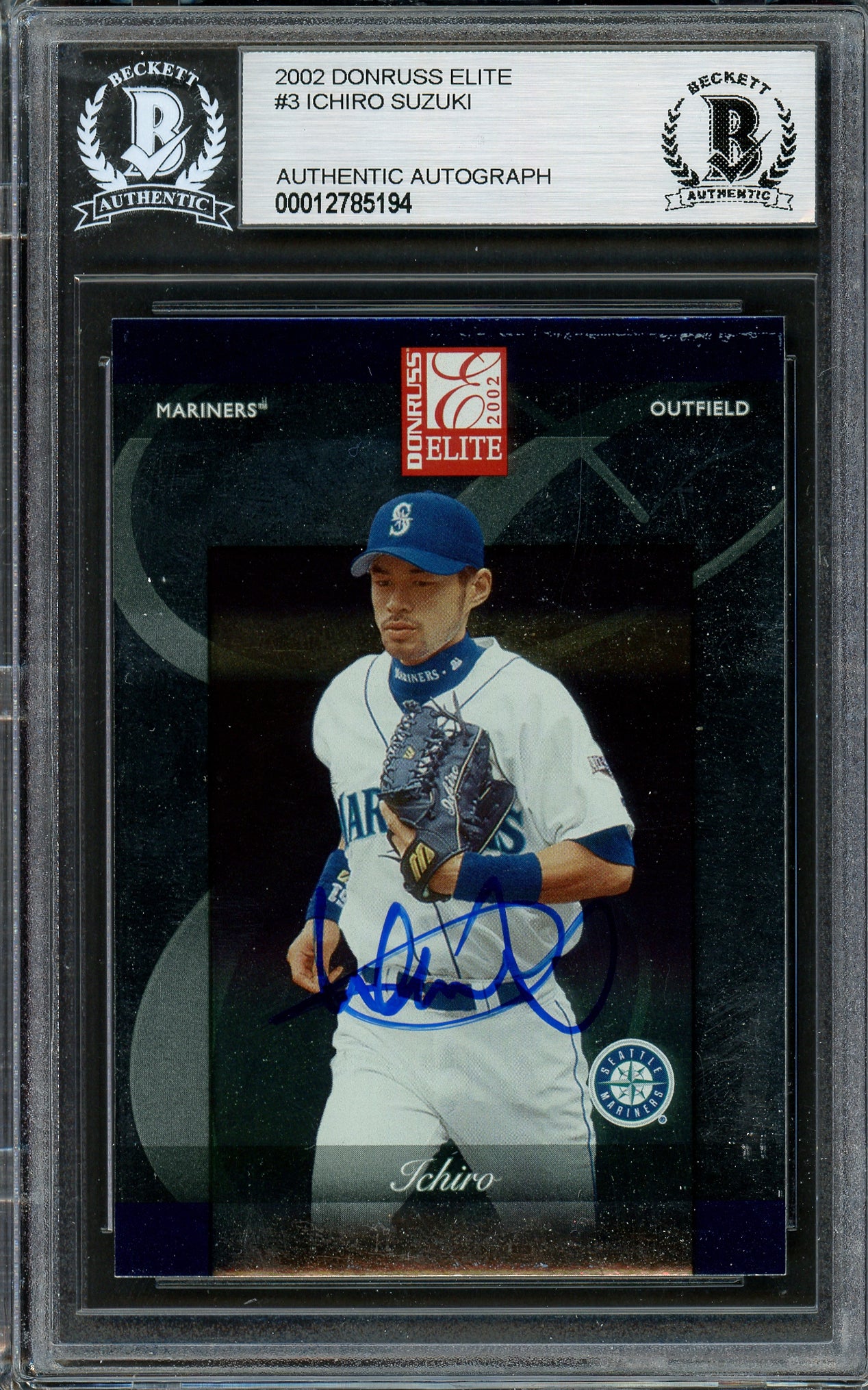 Ichiro Suzuki Autographed 2002 Donruss Elite Card #3 Seattle Mariners Beckett BAS Stock #194195
