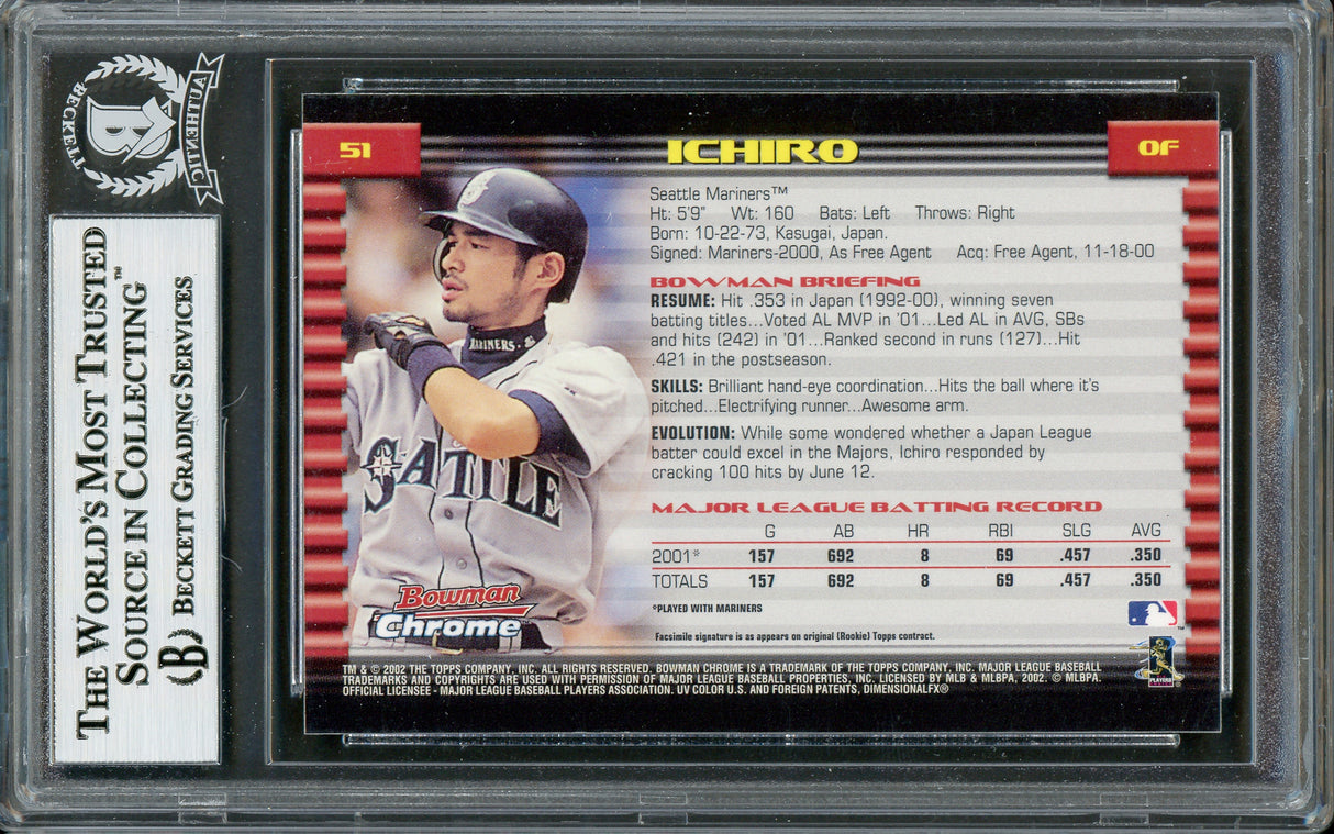 Ichiro Suzuki Autographed 2002 Bowman Chrome Card #51 Seattle Mariners Beckett BAS #12785447