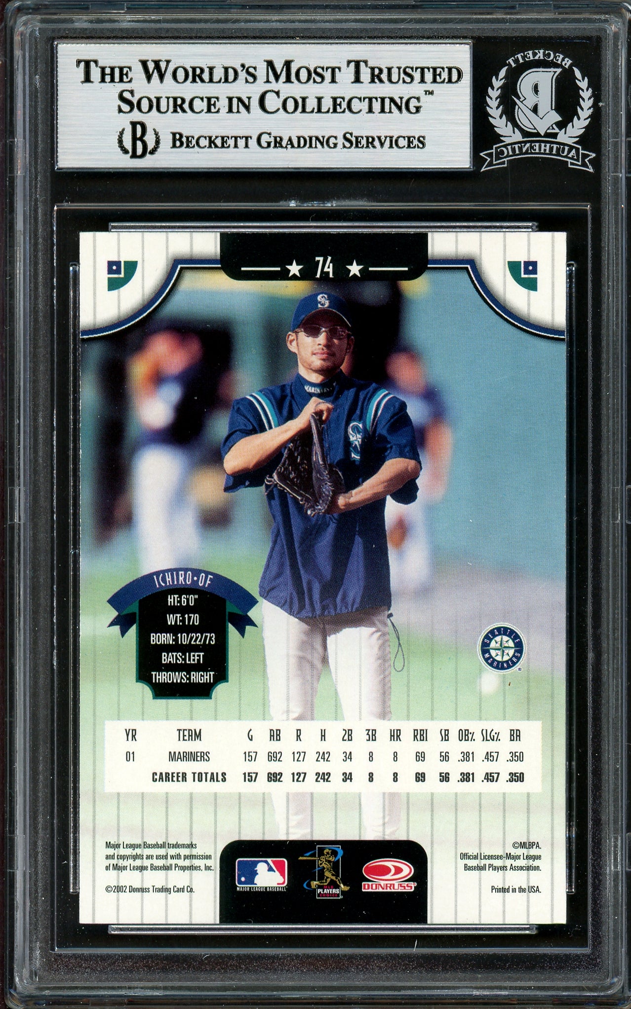 Ichiro Suzuki Autographed 2002 Donruss Card #74 Seattle Mariners Beckett BAS Stock #194217