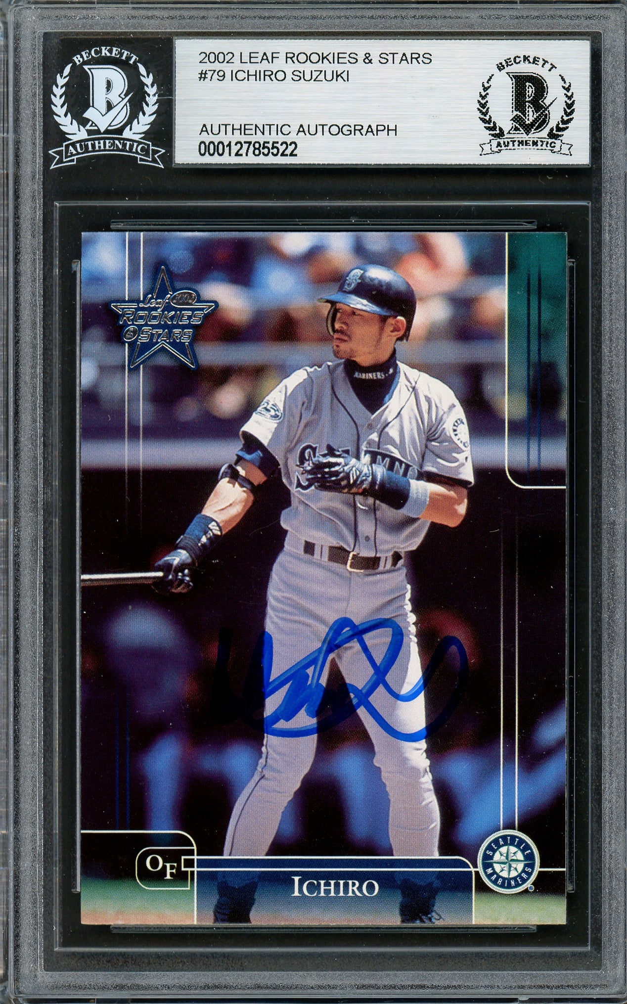 Ichiro Suzuki Autographed 2002 Leaf Rookie & Stars Card #79 Seattle Mariners Beckett BAS Stock #194219