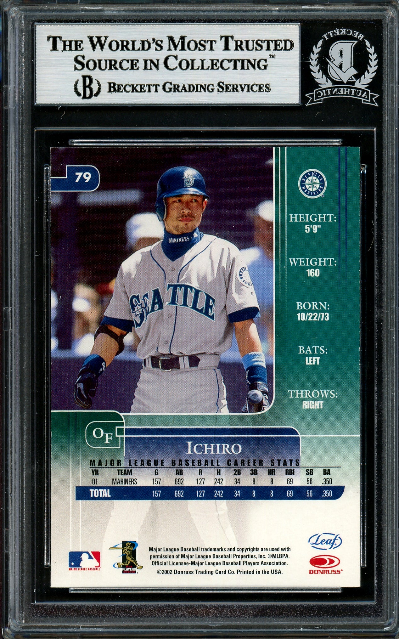 Ichiro Suzuki Autographed 2002 Leaf Rookie & Stars Card #79 Seattle Mariners Beckett BAS Stock #194219