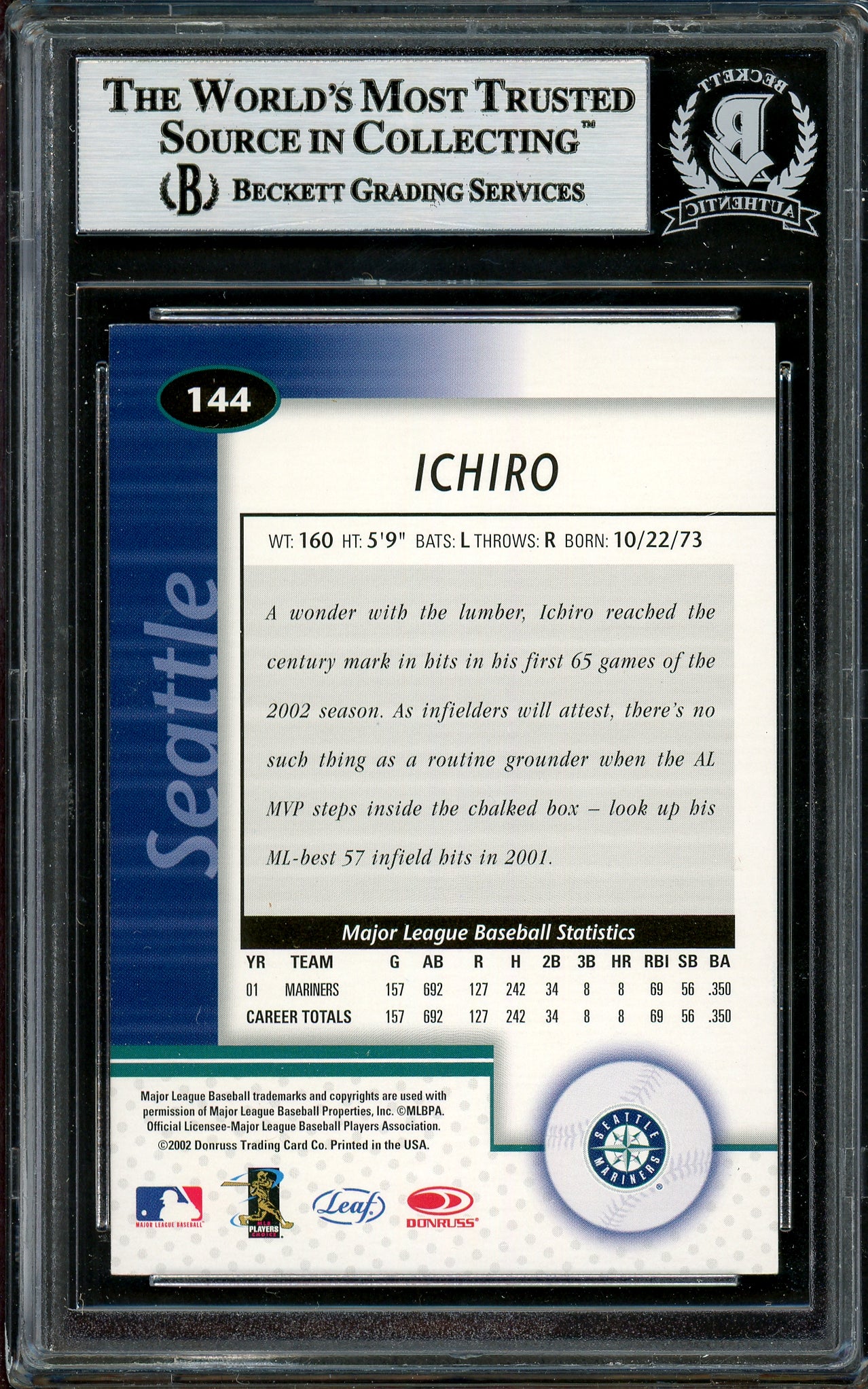 Ichiro Suzuki Autographed 2002 Leaf Certified Card #144 Seattle Mariners Beckett BAS Stock #194225