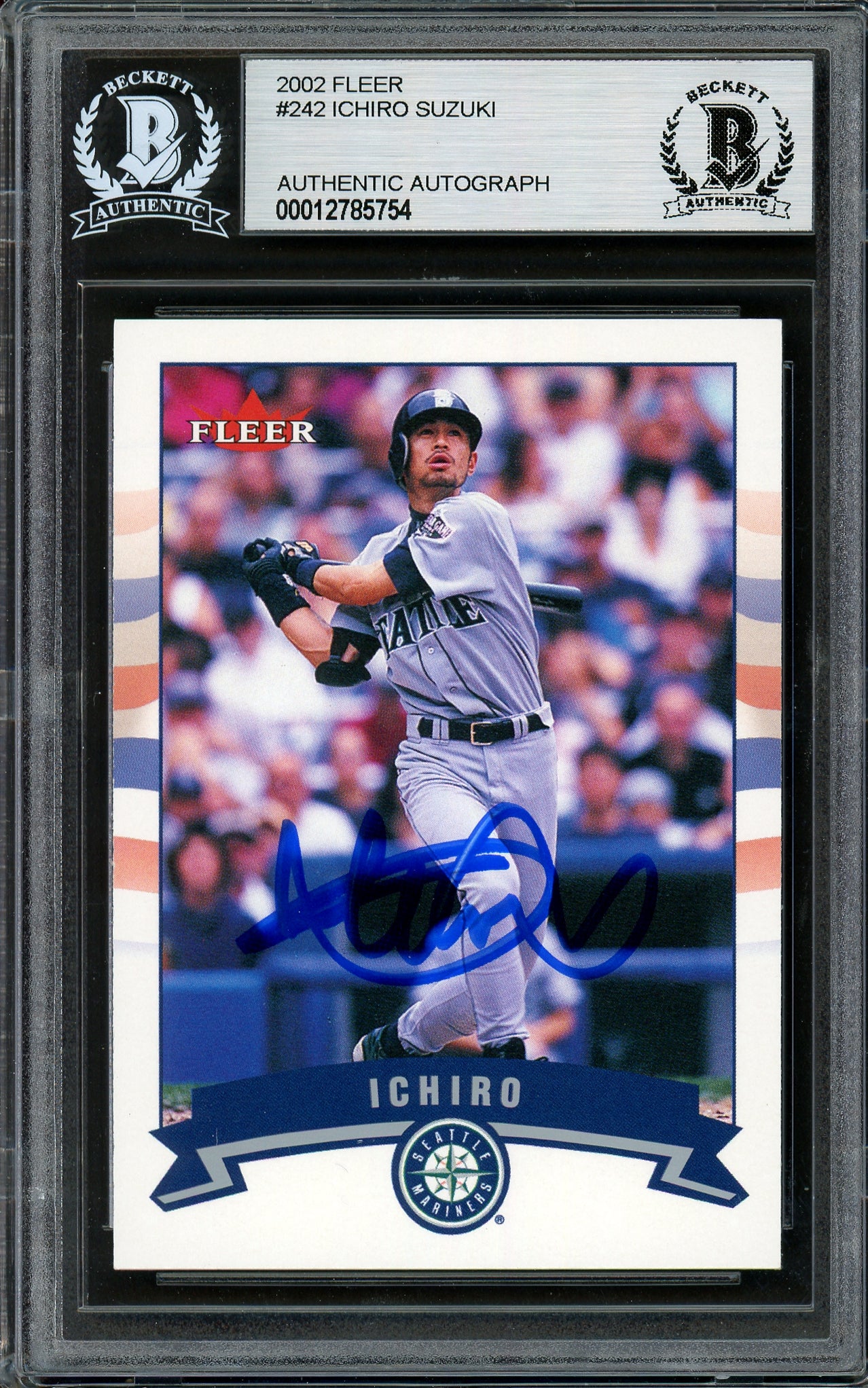 Ichiro Suzuki Autographed 2002 Fleer Card #242 Seattle Mariners Black Letter Beckett BAS Stock #194229