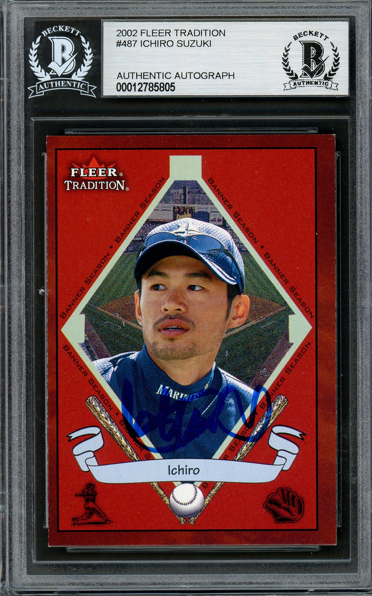 Ichiro Suzuki Autographed 2002 Fleer Tradition Card #487 Seattle Mariners Beckett BAS Stock #194235