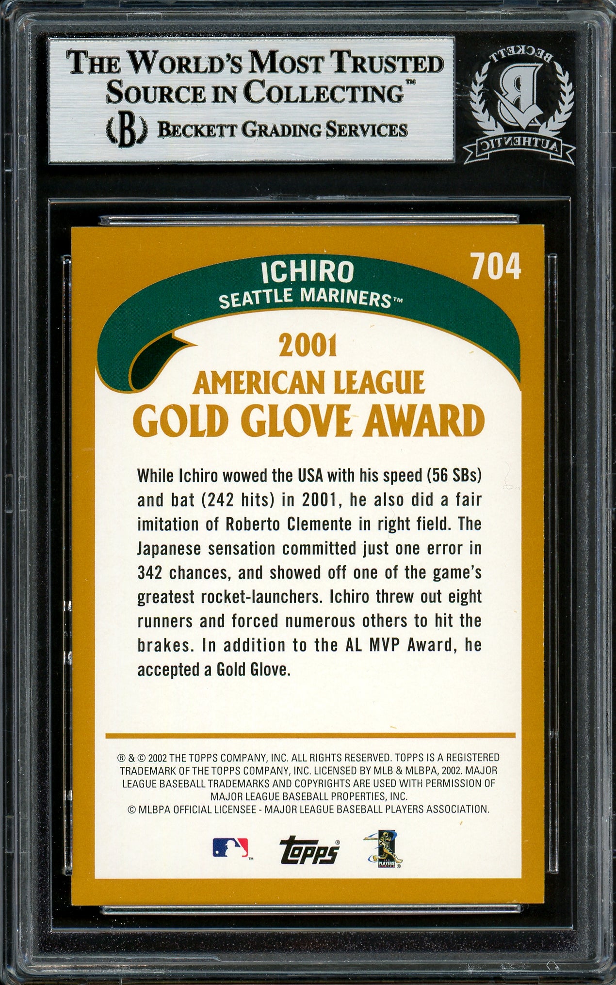 Ichiro Suzuki Autographed 2002 Topps Card #704 Seattle Mariners Beckett BAS Stock #194236