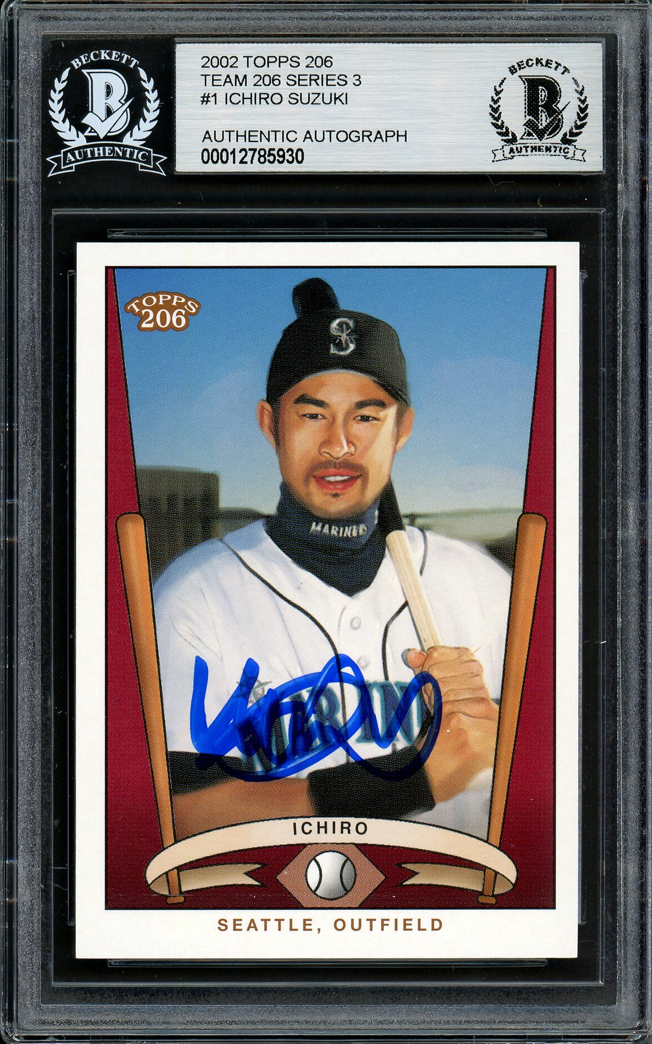 Ichiro Suzuki Autographed 2002 Topps 206 Card #T206-1 Seattle Mariners Beckett BAS Stock #194246