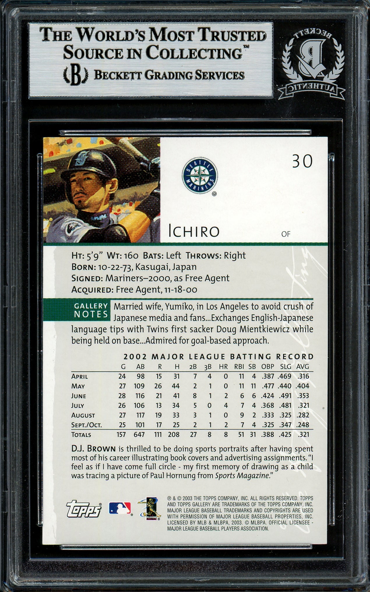 Ichiro Suzuki Autographed 2003 Topps Gallery Card #30 Seattle Mariners Beckett BAS #12785952