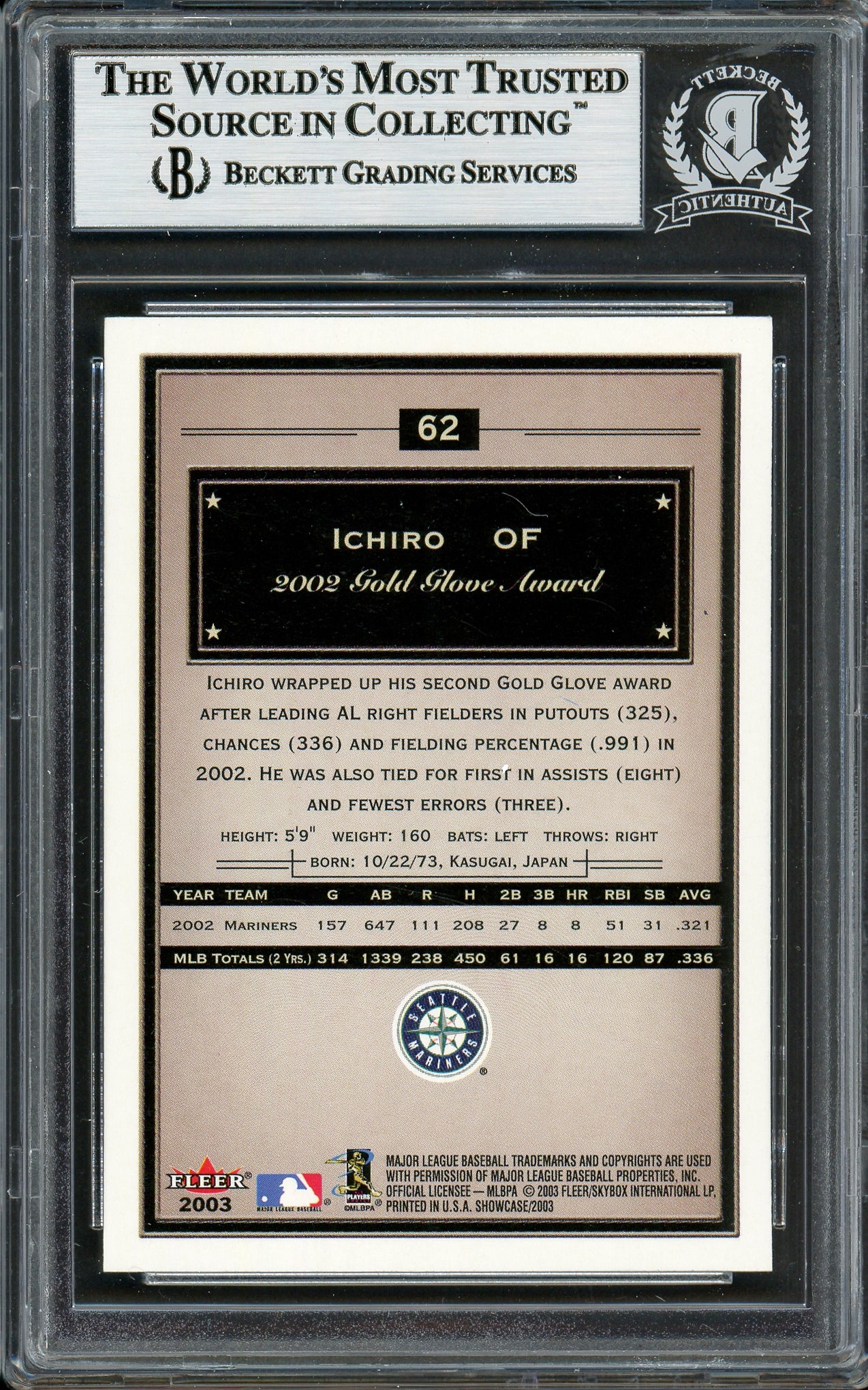 Ichiro Suzuki Autographed 2003 Fleer Showcase Card #62 Seattle Mariners Beckett BAS Stock #194254