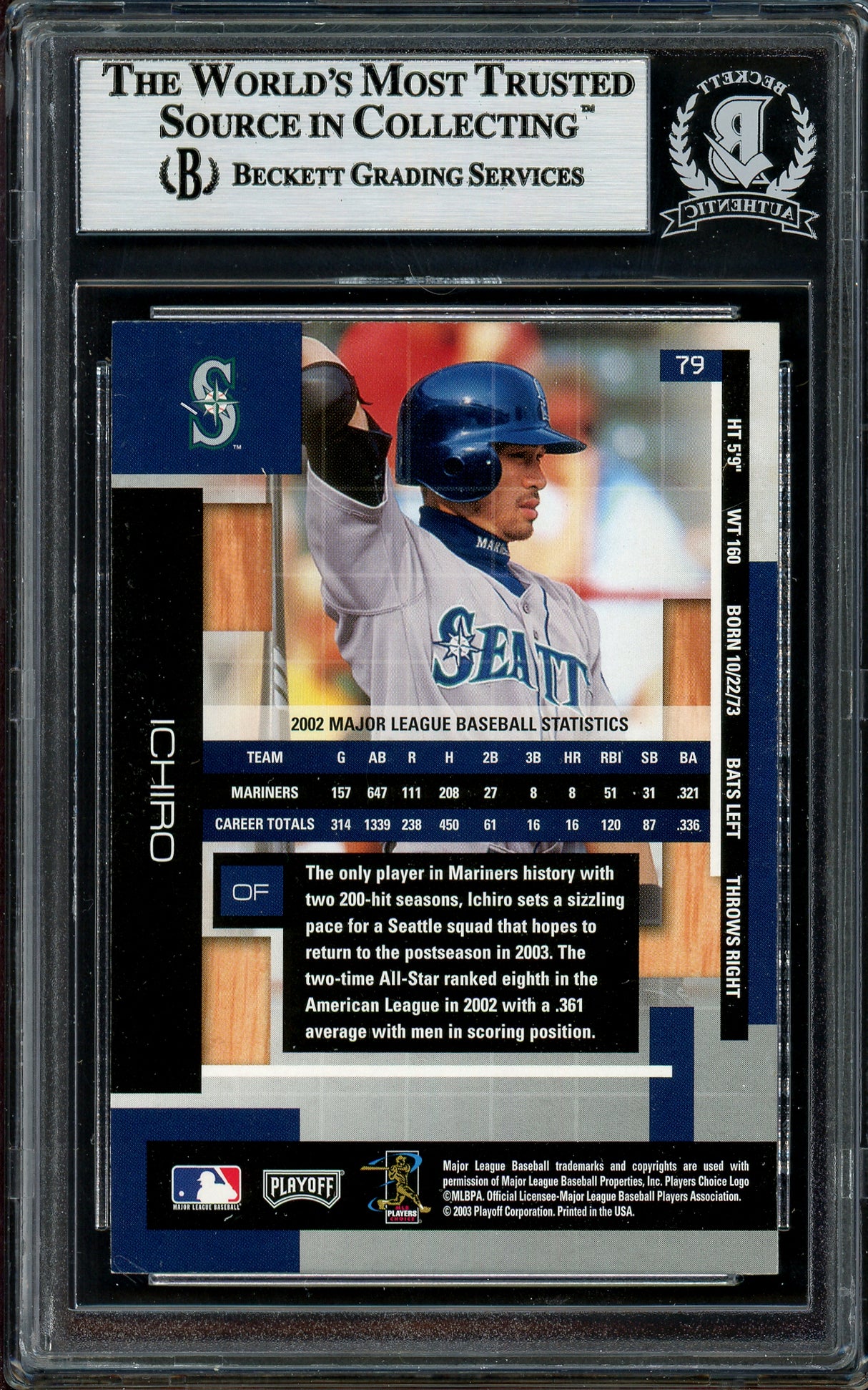 Ichiro Suzuki Autographed 2003 Playoff Absolute Memorabilia Card #79 Seattle Mariners Beckett BAS Stock #194261