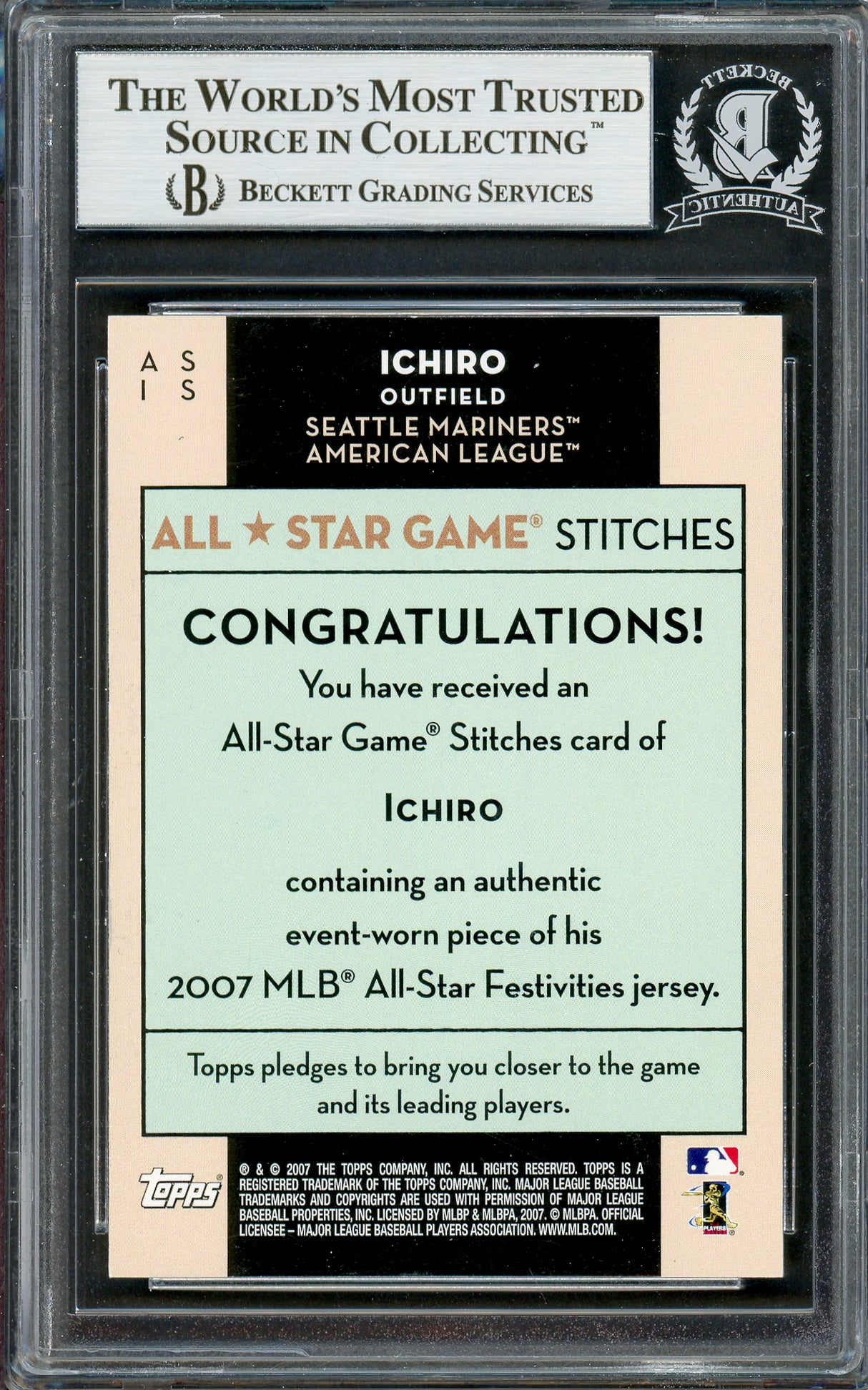 Ichiro Suzuki Autographed 2007 Topps All Star Stitches Game Worn Jersey Card #AS IS Seattle Mariners Beckett BAS #12785998