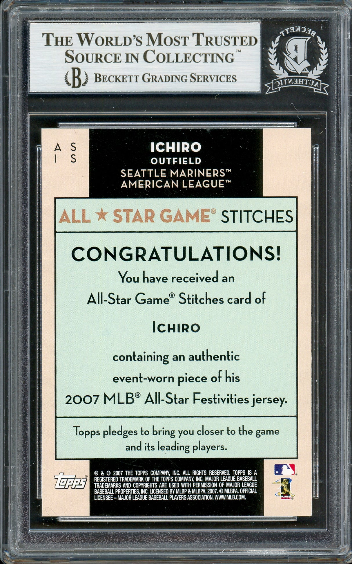 Ichiro Suzuki Autographed 2007 Topps All Star Stitches Game Worn Jersey Card #AS IS Seattle Mariners Beckett BAS #12785997