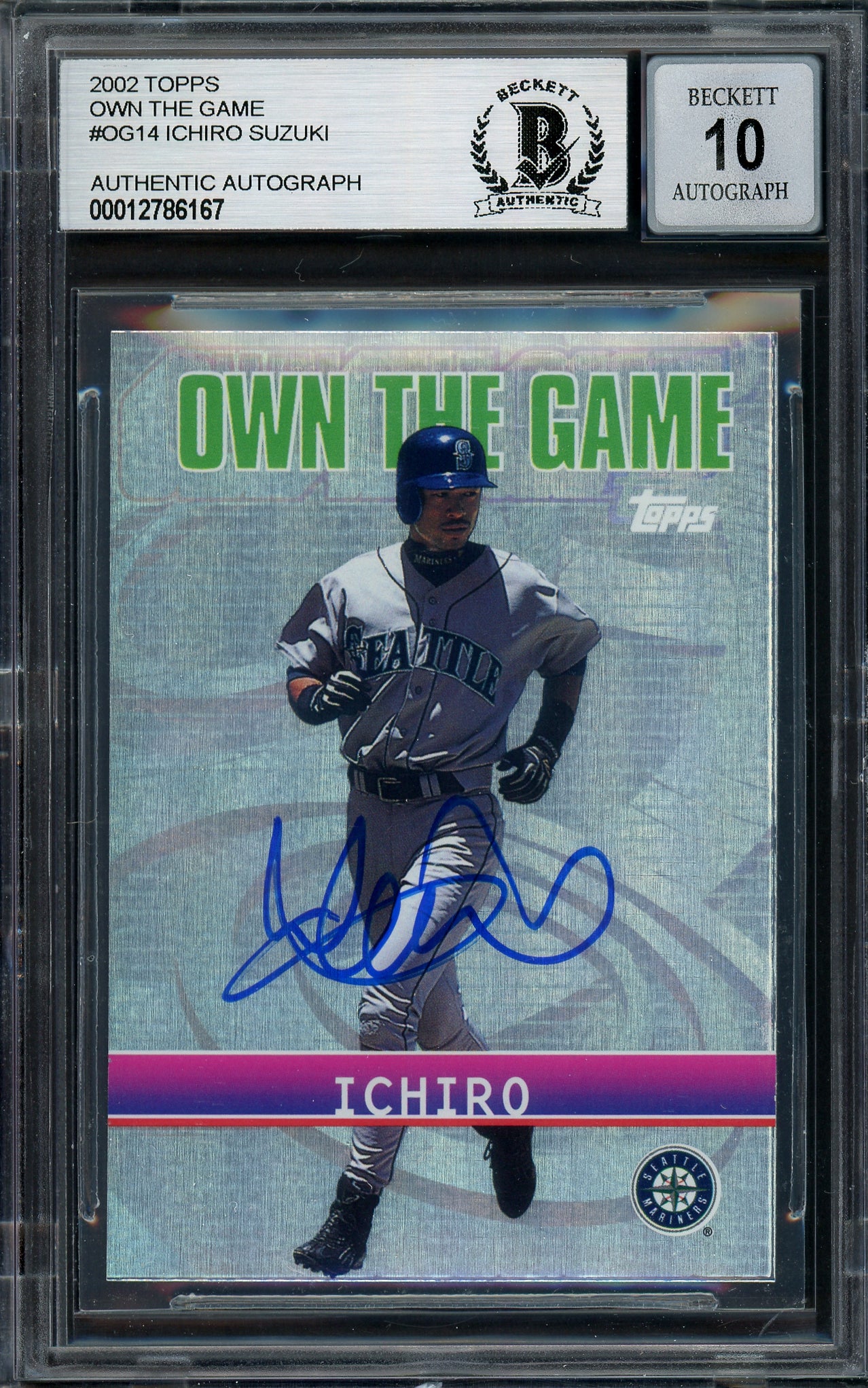 Ichiro Suzuki Autographed 2002 Topps Own The Game Card #OG14 Seattle Mariners Auto Grade Gem Mint 10 Beckett BAS #12786167