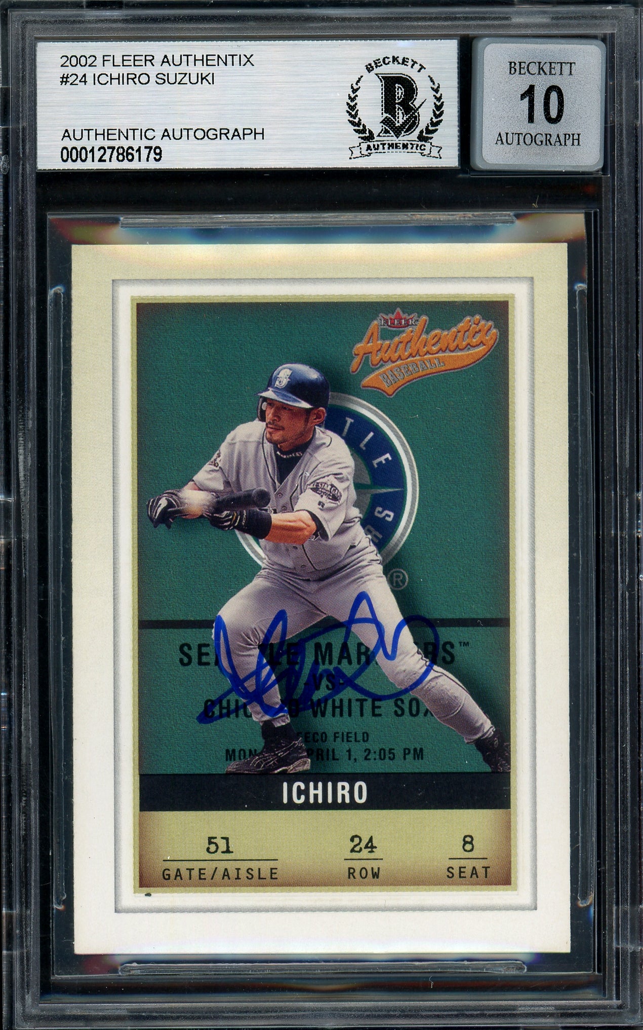 Ichiro Suzuki Autographed 2002 Fleer Authentix Card #24 Seattle Mariners Auto Grade Gem Mint 10 Beckett BAS #12786179
